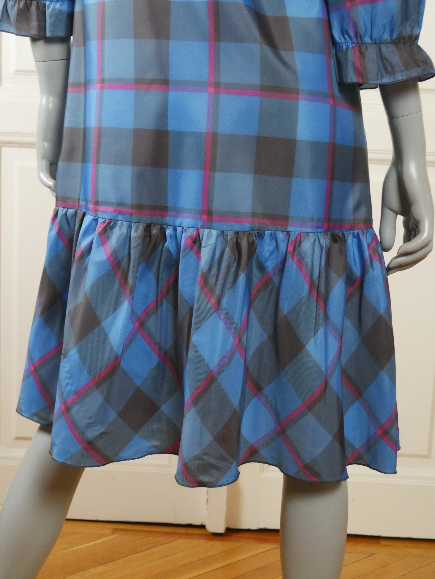 1980s Vintage Prairie Dress | Turquoise Blue Black & Pink Plaid Plaid Peasant Style Leo Gabor Vintage