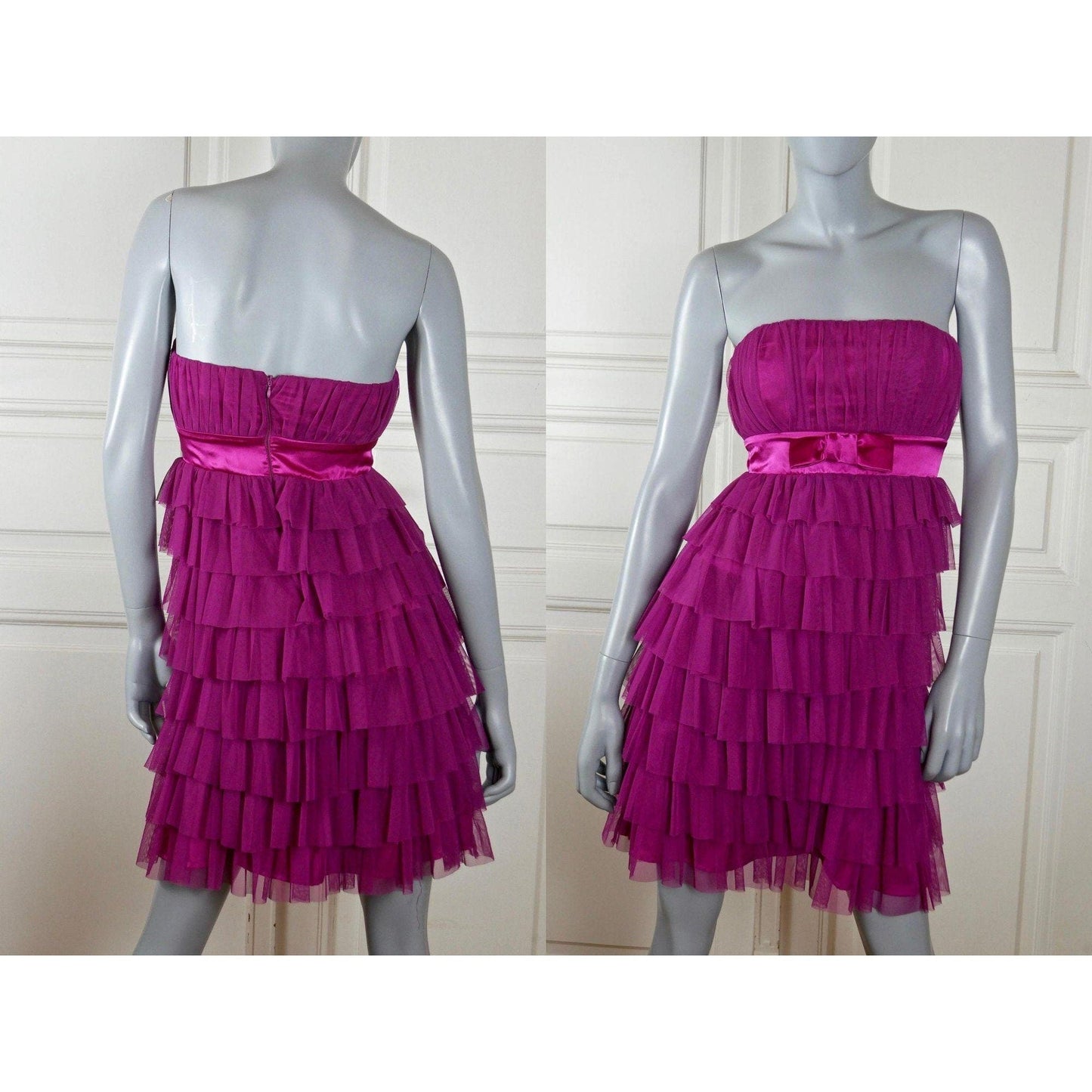 1980s Vintage Prom Dress: Dark Cerise Pink | Strapless with Ruffled Layers, Empire Waist Leo Gabor Vintage