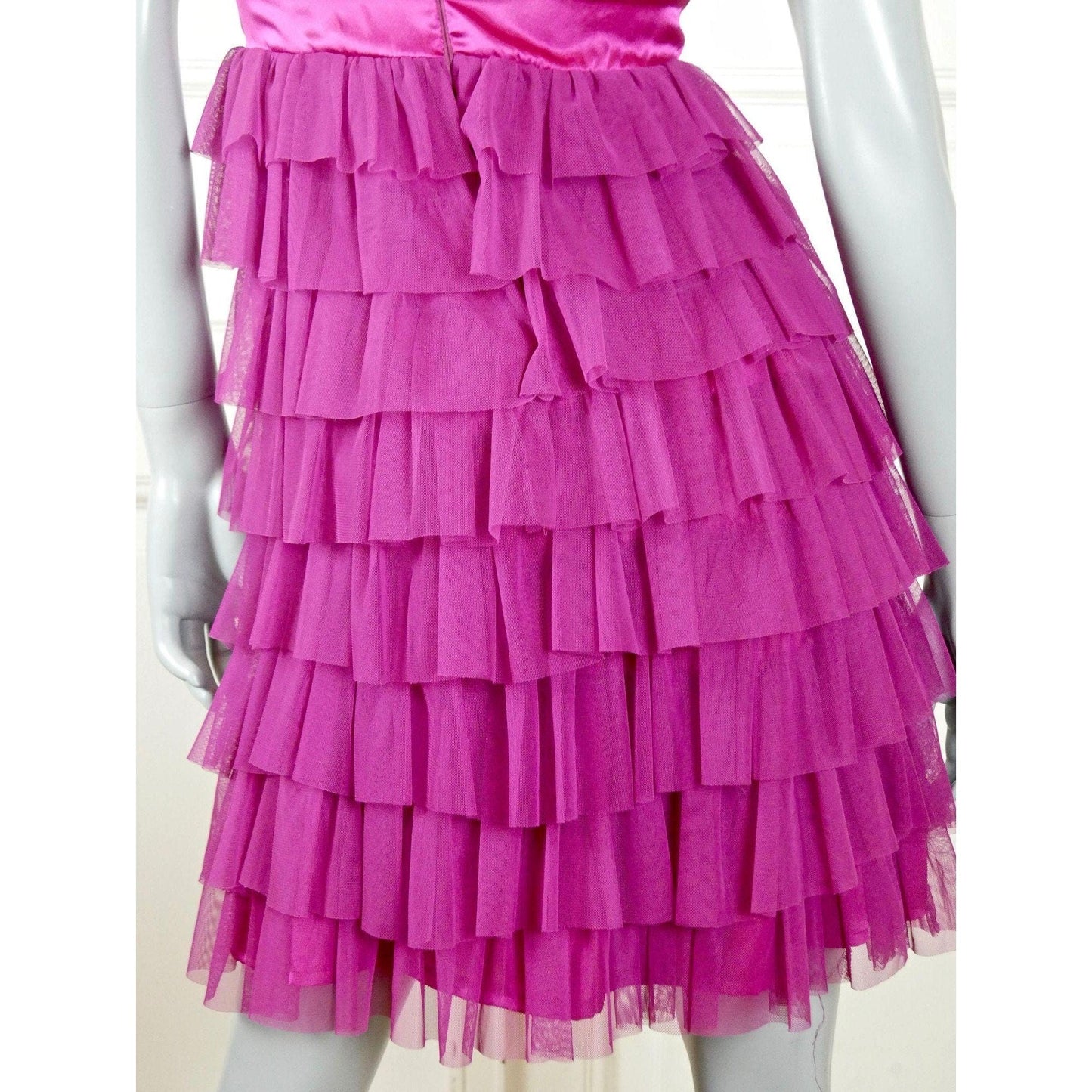 1980s Vintage Prom Dress: Dark Cerise Pink | Strapless with Ruffled Layers, Empire Waist Leo Gabor Vintage