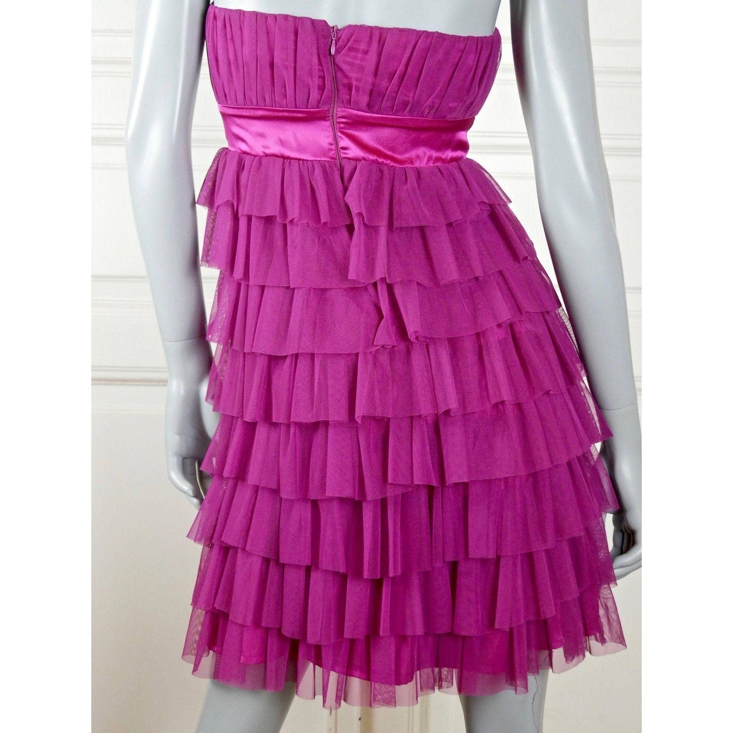 1980s Vintage Prom Dress: Dark Cerise Pink | Strapless with Ruffled Layers, Empire Waist Leo Gabor Vintage