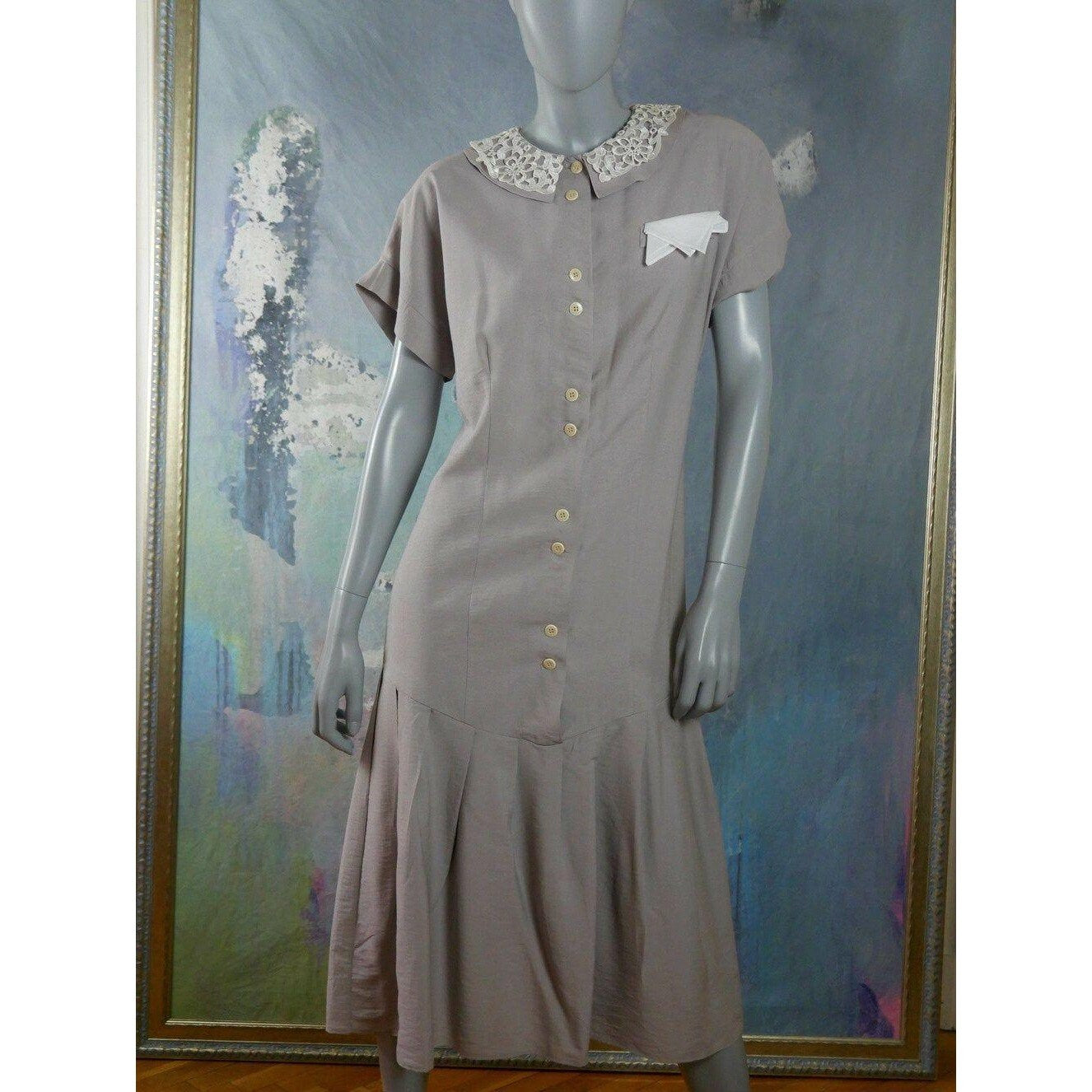 1980s Vintage Taupe Dress w White Lace Trim | Spring Summer Style Midi Leo Gabor Vintage