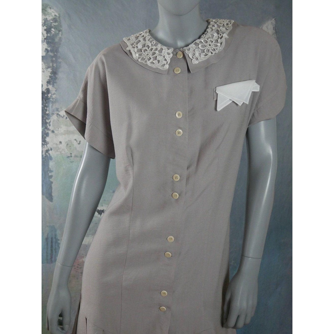 1980s Vintage Taupe Dress w White Lace Trim | Spring Summer Style Midi Leo Gabor Vintage