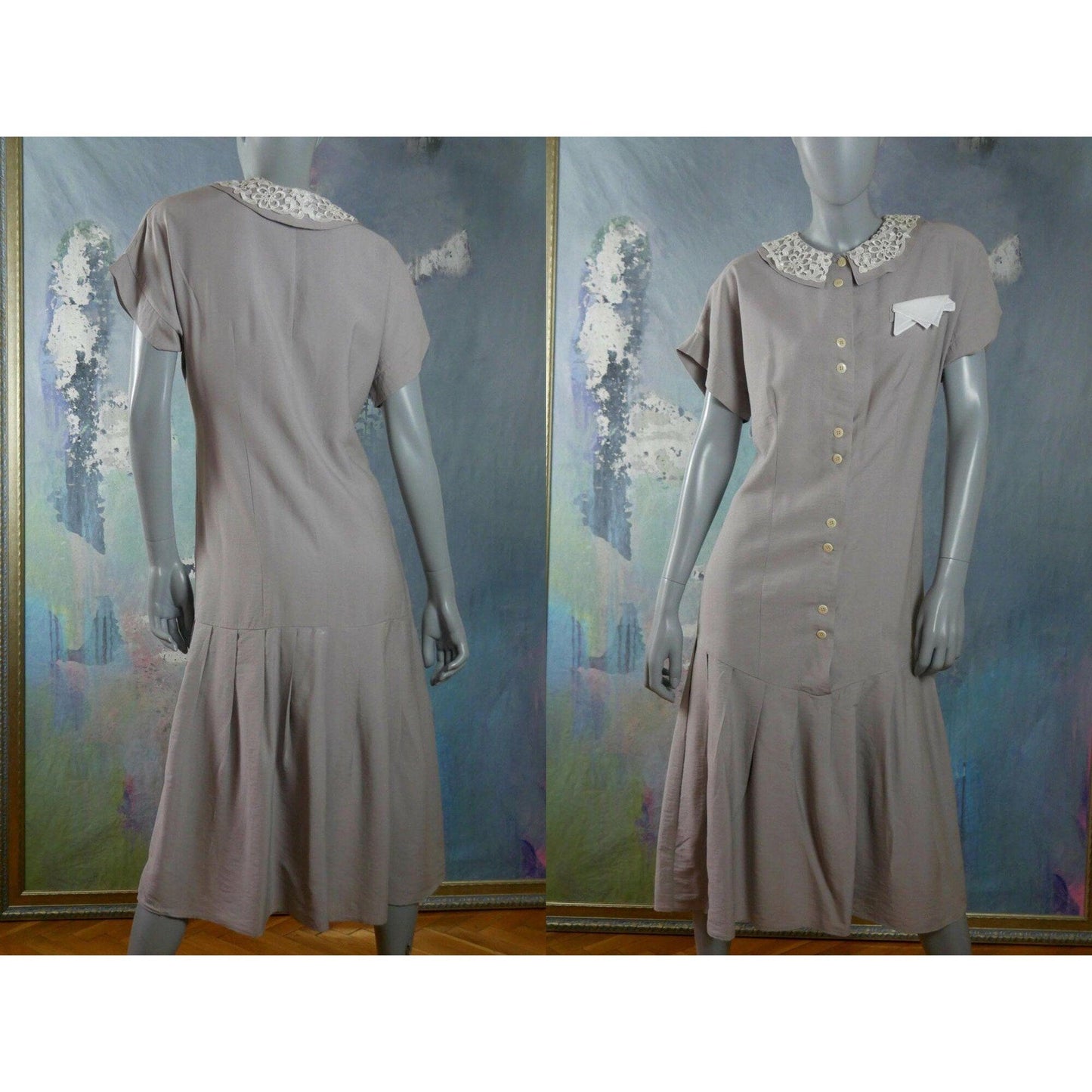 1980s Vintage Taupe Dress w White Lace Trim | Spring Summer Style Midi Leo Gabor Vintage