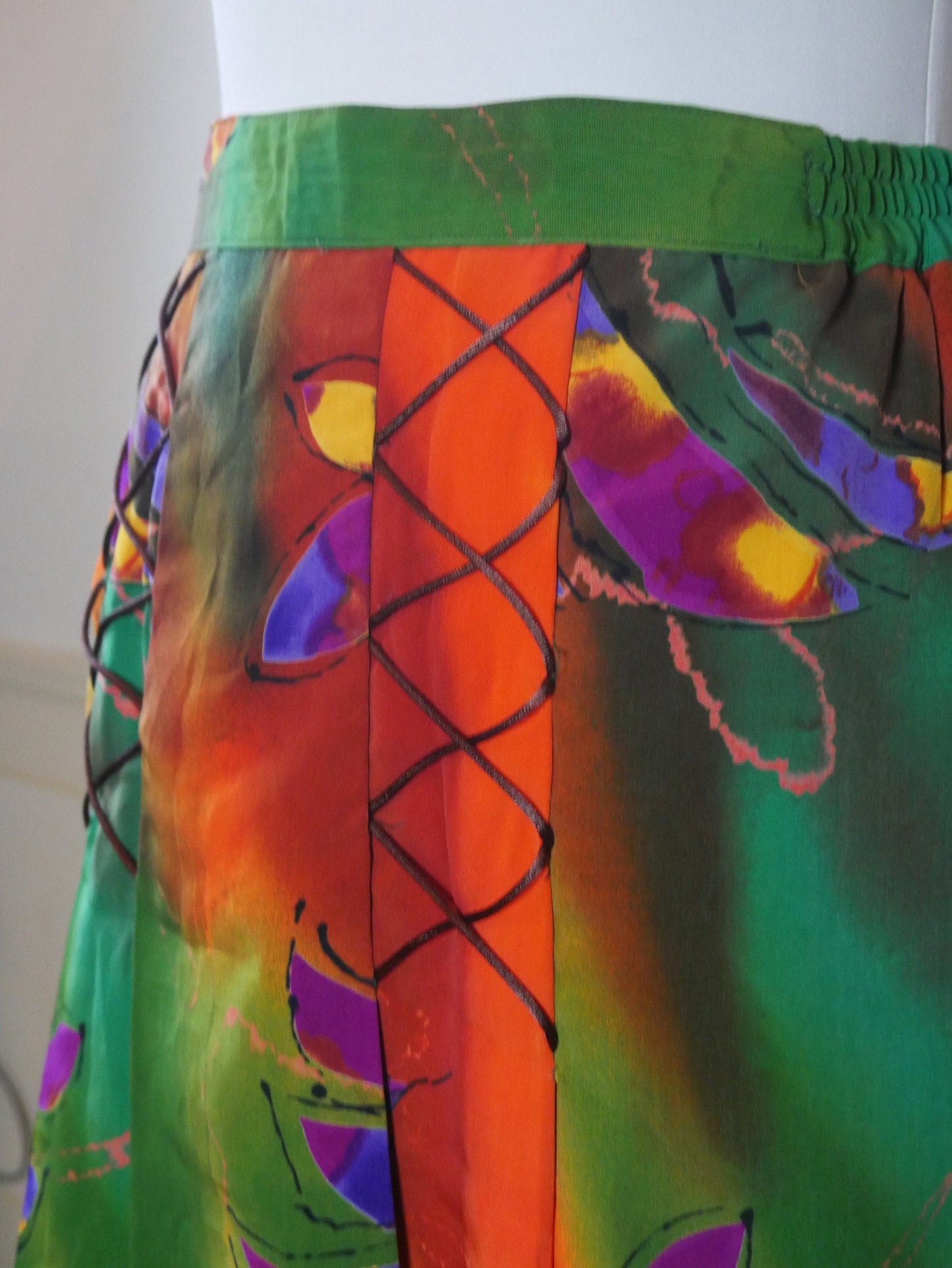 1990s European Vintage Skirt | Orange Green Rust Fuchsia Purple Abstract Pattern Leo Gabor Vintage