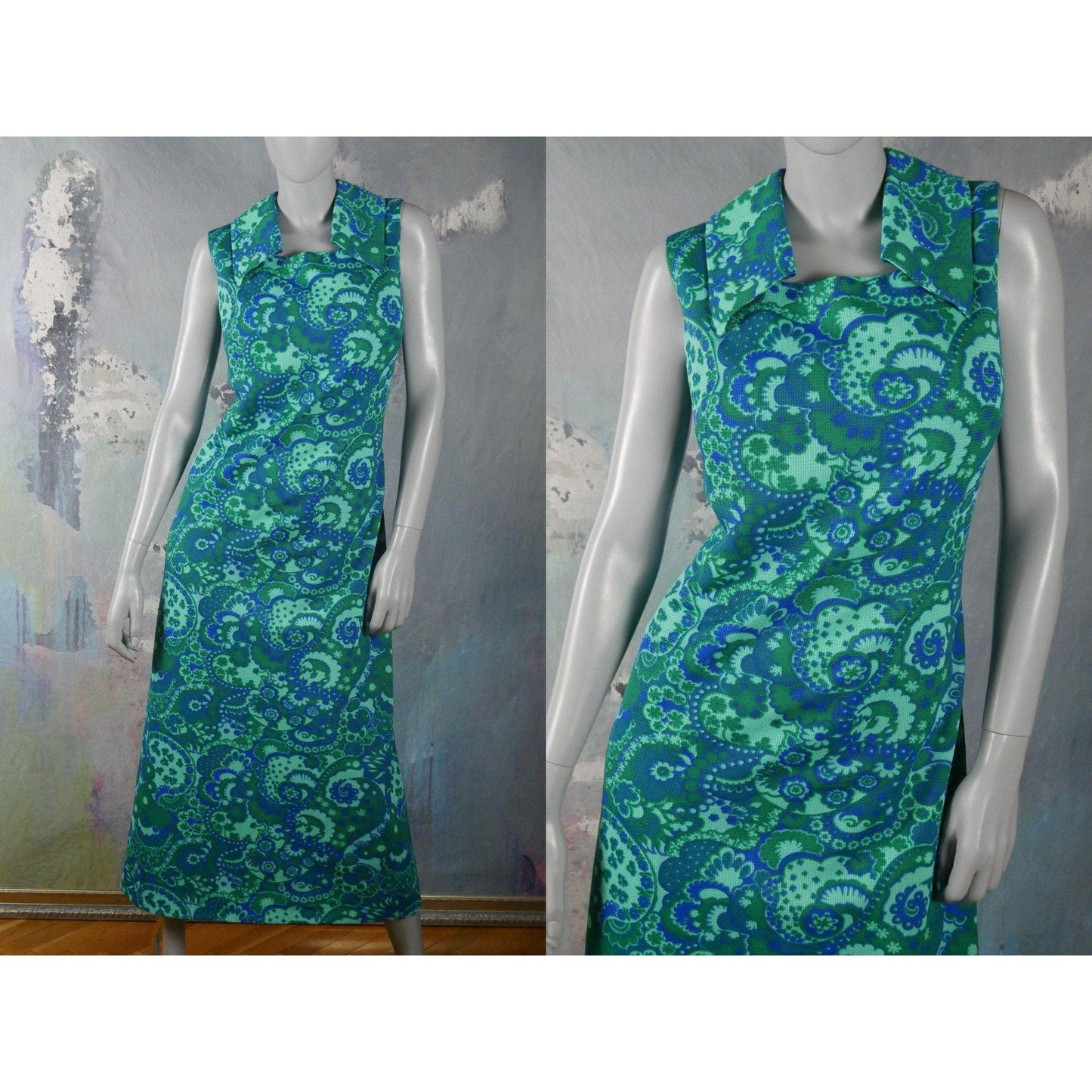 60s Sleeveless Mod Dress | Aqua Green Turquoise and Blue Danish Vintage Midi Leo Gabor Vintage