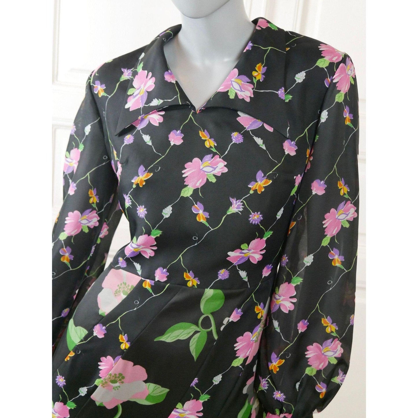 70s Long Black Dress | European Vintage Dagger Collar Floral Maxi Leo Gabor Vintage