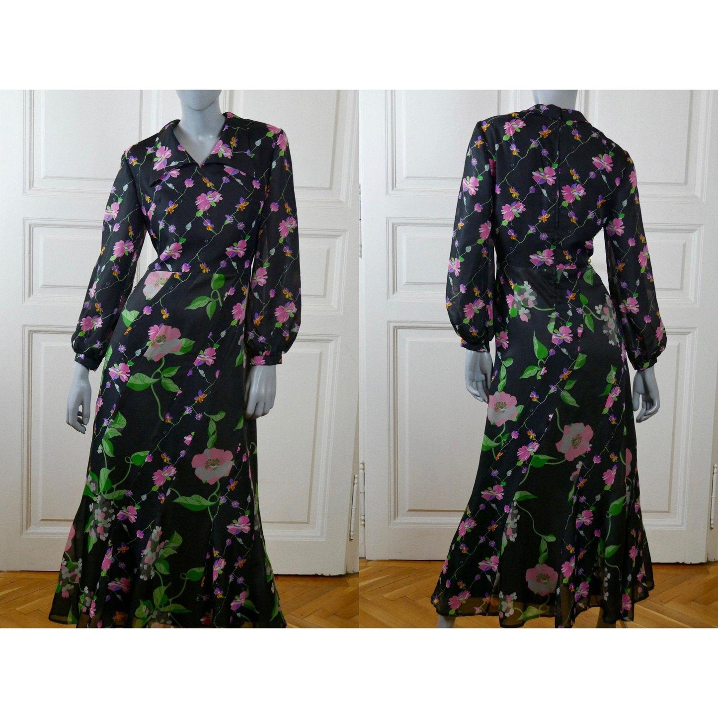 70s Long Black Dress | European Vintage Dagger Collar Floral Maxi Leo Gabor Vintage