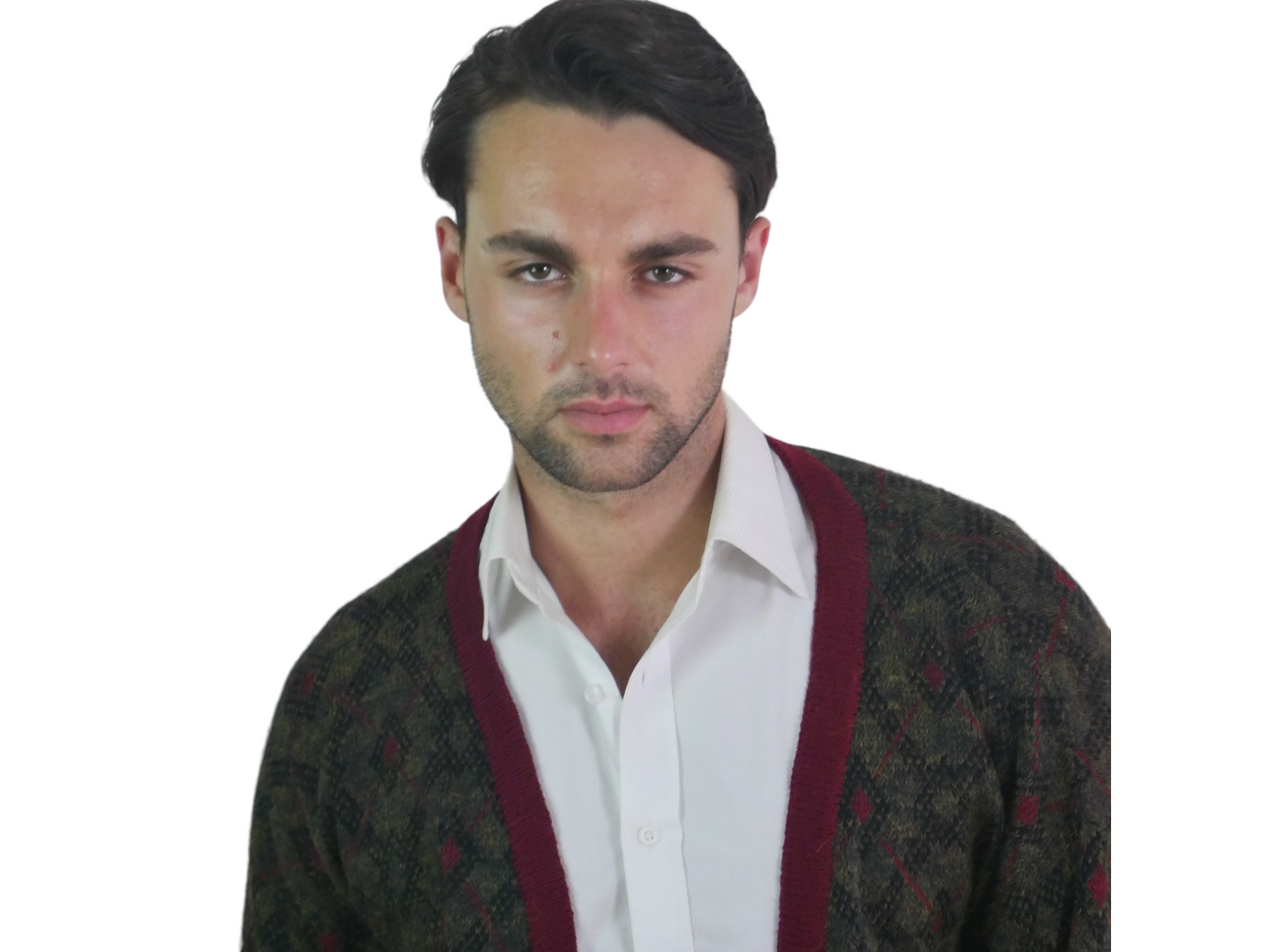 80s Men's Vintage Wool Cardigan | Olive Brown & Burgundy Red | Large Leo Gabor Vintage
