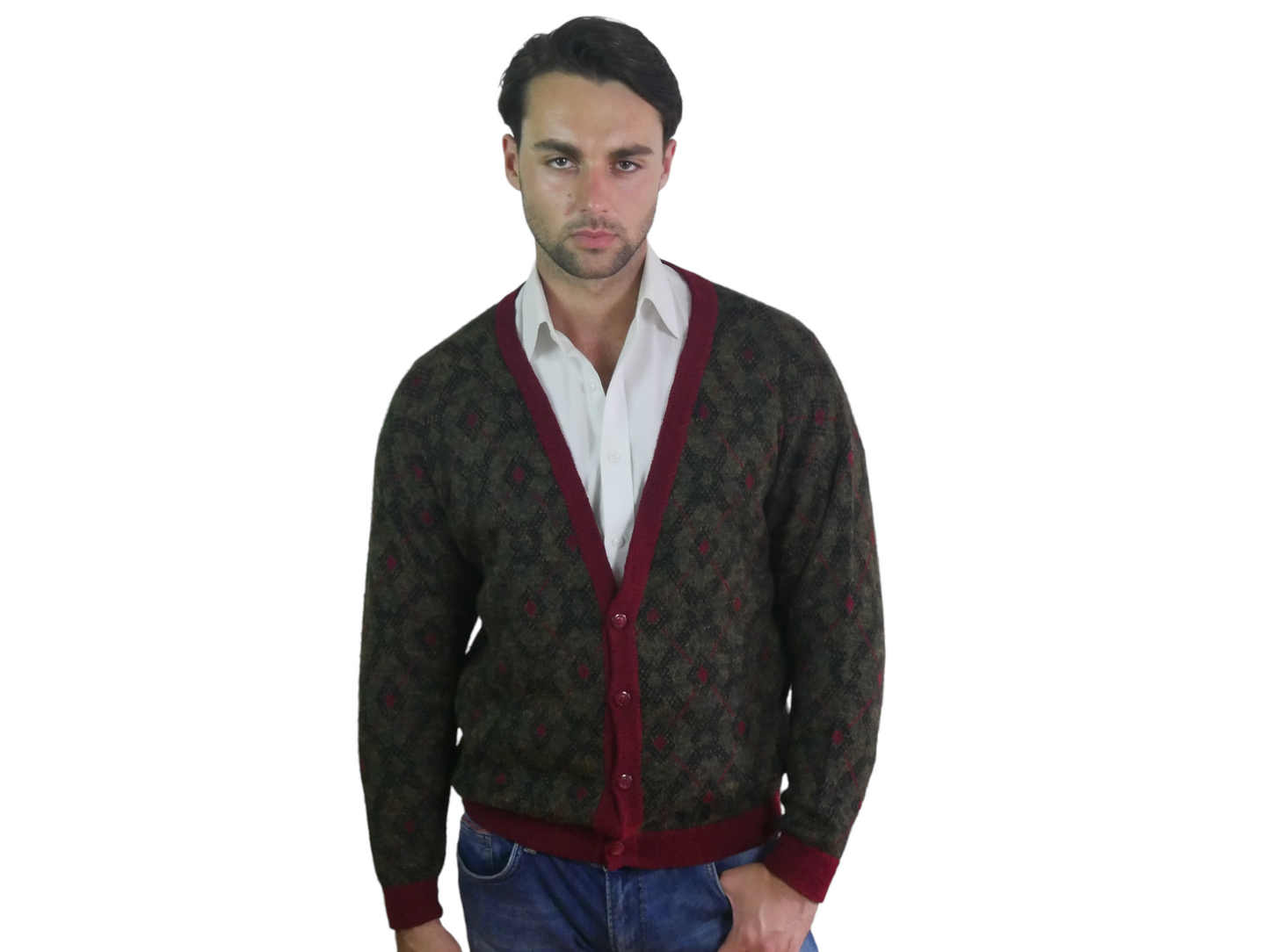 80s Men's Vintage Wool Cardigan | Olive Brown & Burgundy Red | Large Leo Gabor Vintage