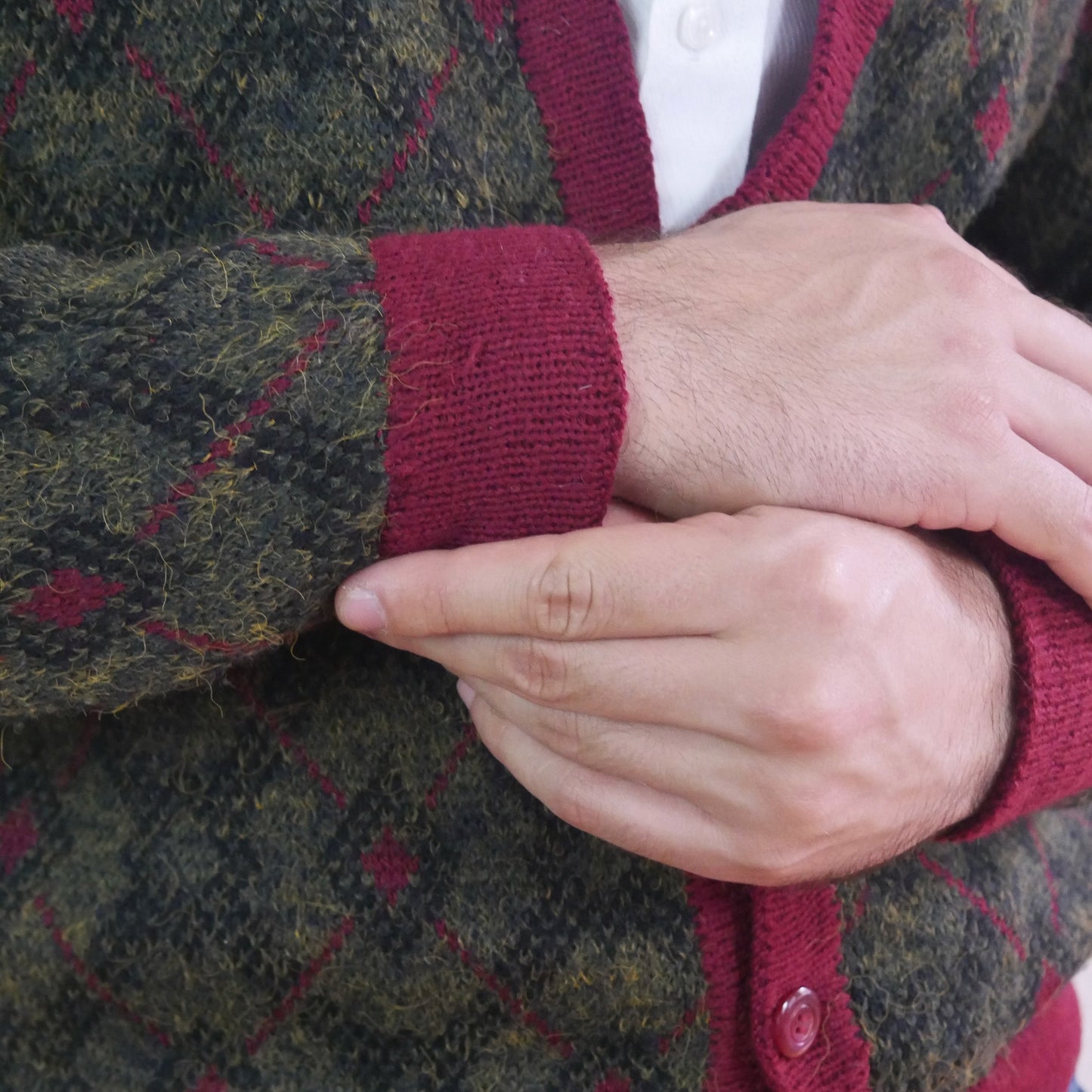 80s Men's Vintage Wool Cardigan | Olive Brown & Burgundy Red | Large Leo Gabor Vintage