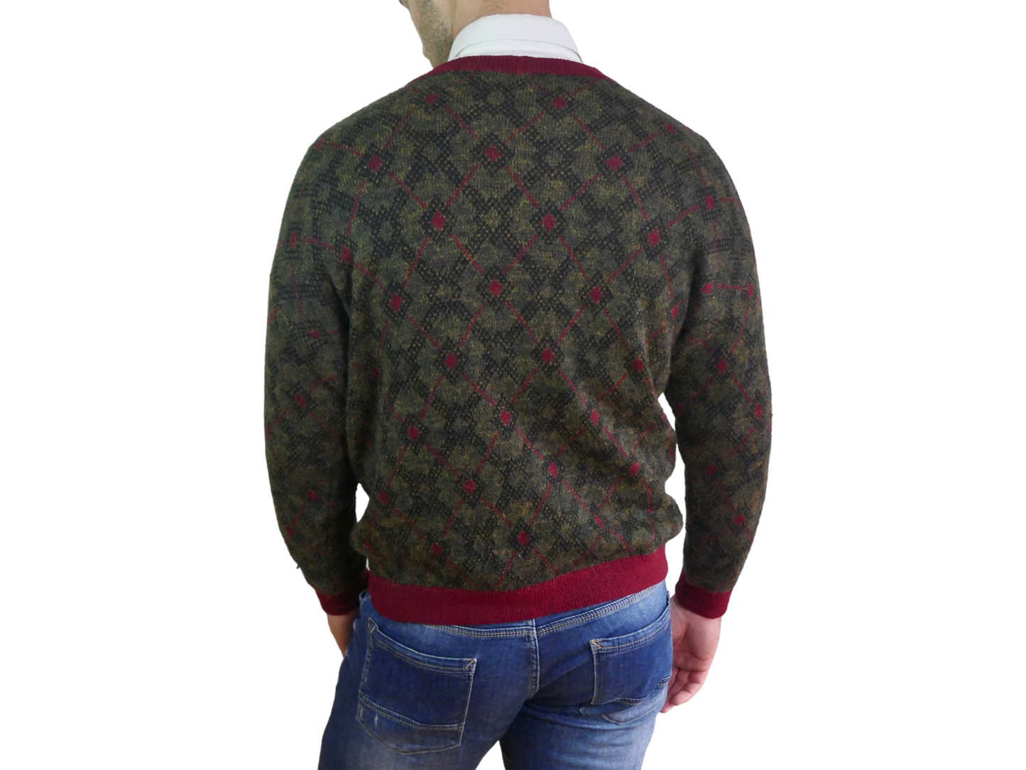 80s Men's Vintage Wool Cardigan | Olive Brown & Burgundy Red | Large Leo Gabor Vintage
