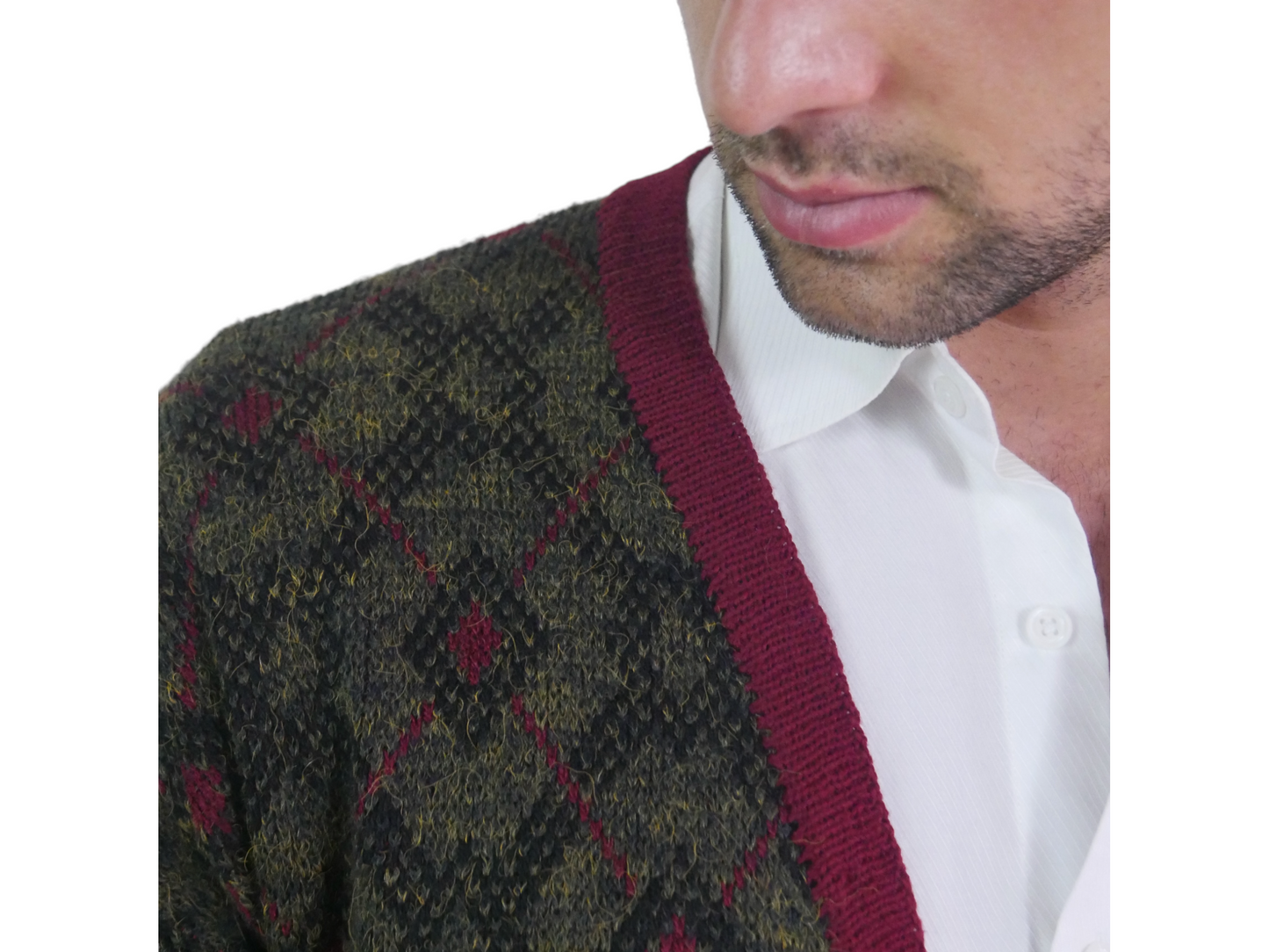 80s Men's Vintage Wool Cardigan | Olive Brown & Burgundy Red | Large Leo Gabor Vintage