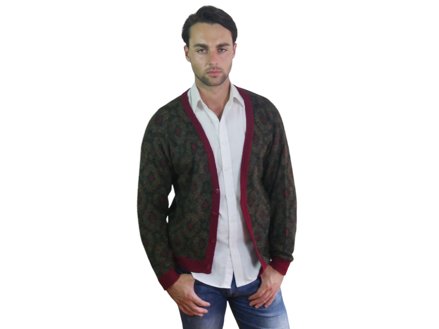 80s Men's Vintage Wool Cardigan | Olive Brown & Burgundy Red | Large Leo Gabor Vintage