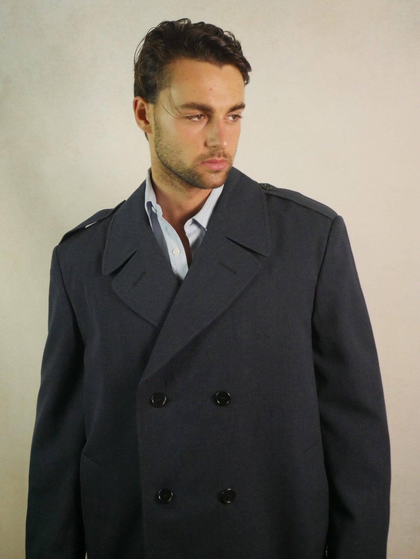 80s Vintage Blue Trench Coat | European Military Long Overcoat | Extra Large Leo Gabor Vintage