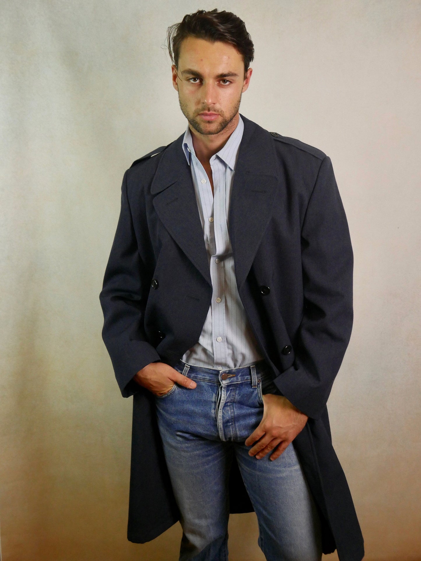 80s Vintage Blue Trench Coat | European Military Long Overcoat | Extra Large Leo Gabor Vintage