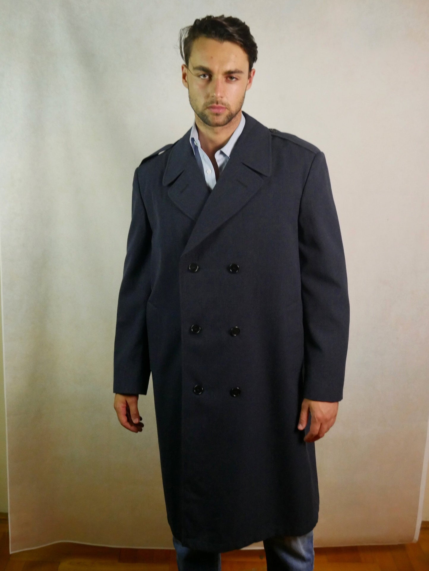 80s Vintage Blue Trench Coat | European Military Long Overcoat | Extra Large Leo Gabor Vintage