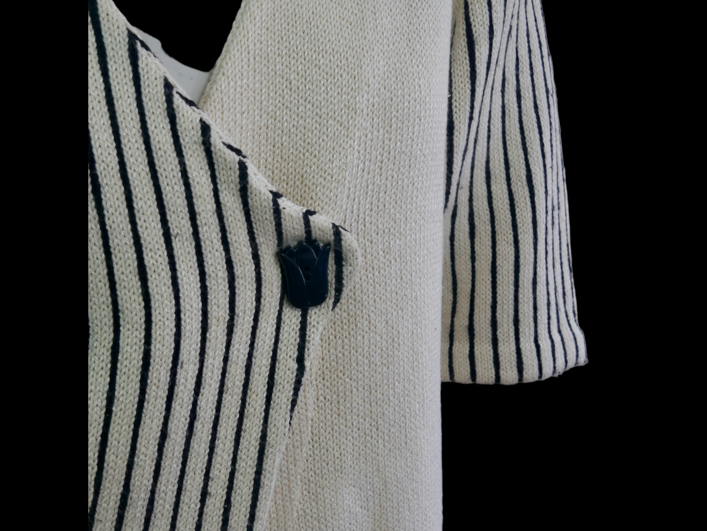 80s Vintage Cardigan Top | Asymmetrical Cream Knit with Fine Black Stripes | Large Leo Gabor Vintage