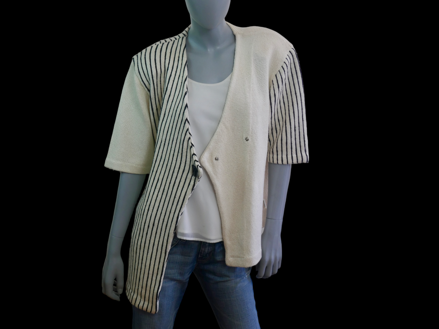 80s Vintage Cardigan Top | Asymmetrical Cream Knit with Fine Black Stripes | Large Leo Gabor Vintage
