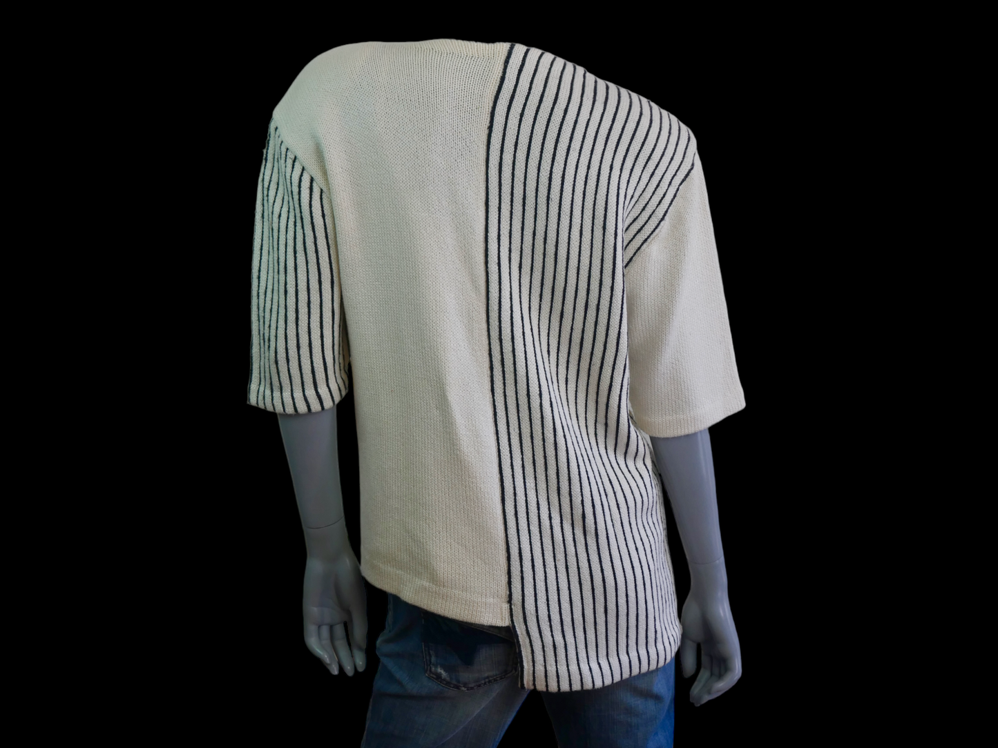80s Vintage Cardigan Top | Asymmetrical Cream Knit with Fine Black Stripes | Large Leo Gabor Vintage