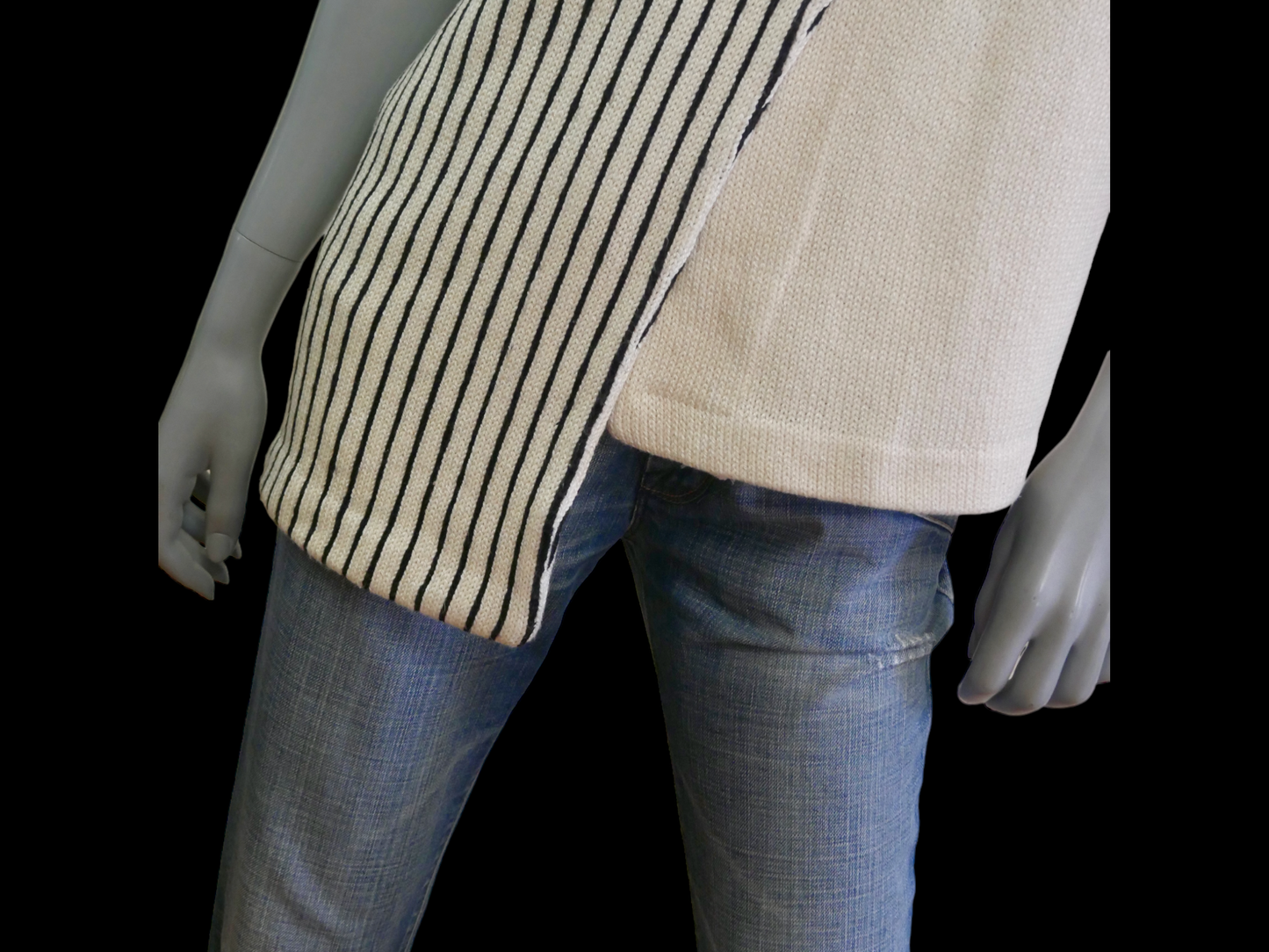 80s Vintage Cardigan Top | Asymmetrical Cream Knit with Fine Black Stripes | Large Leo Gabor Vintage