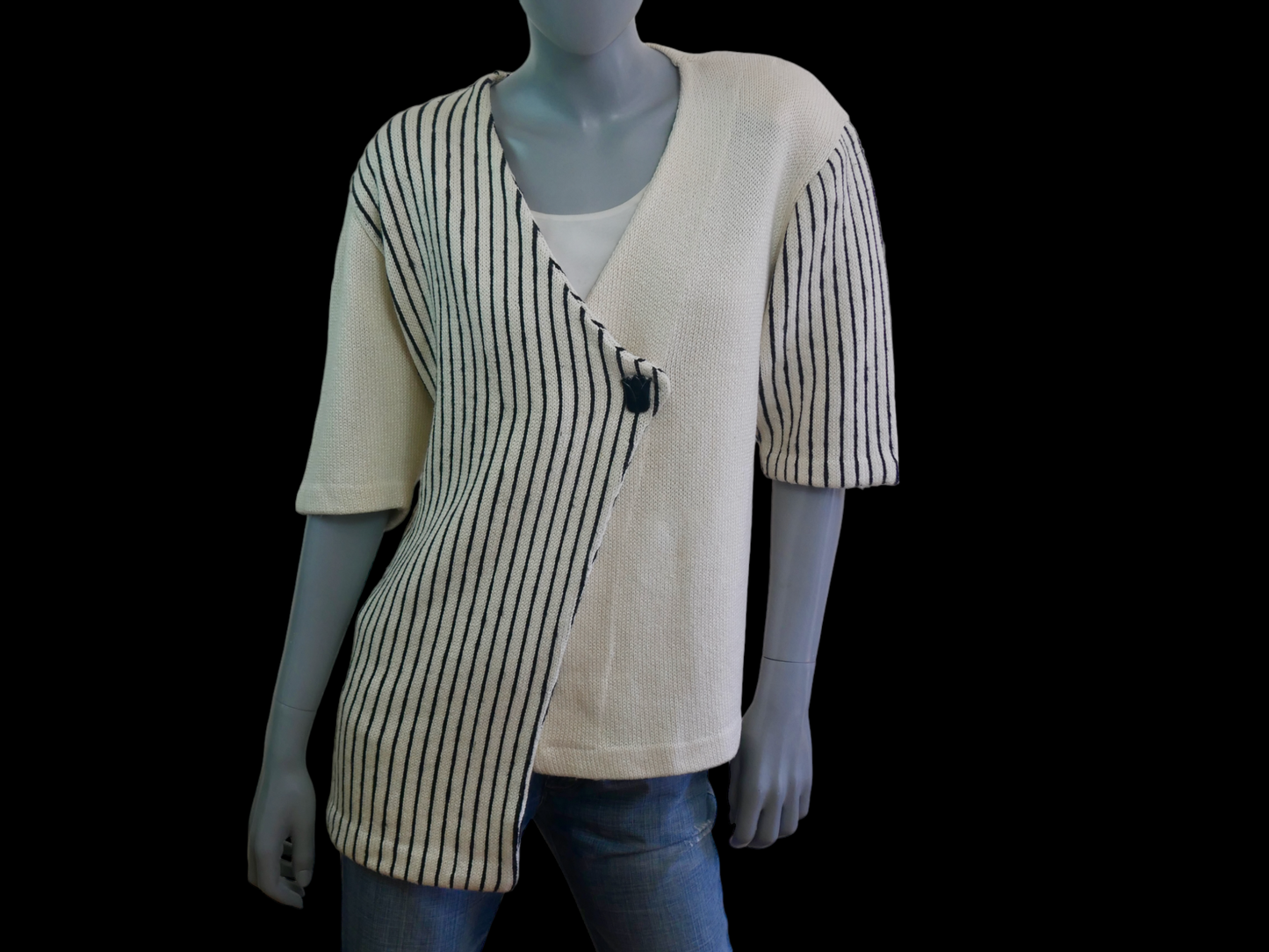 80s Vintage Cardigan Top | Asymmetrical Cream Knit with Fine Black Stripes | Large Leo Gabor Vintage