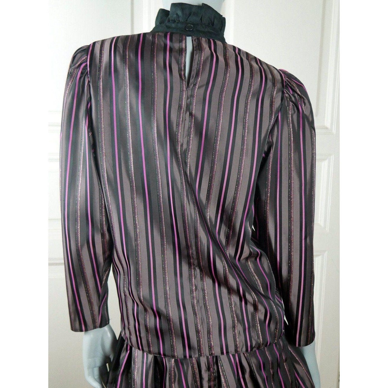 80s Vintage Dress Set | Black Purple Pink Striped Tulip Skirt and Blouse Combo Leo Gabor Vintage