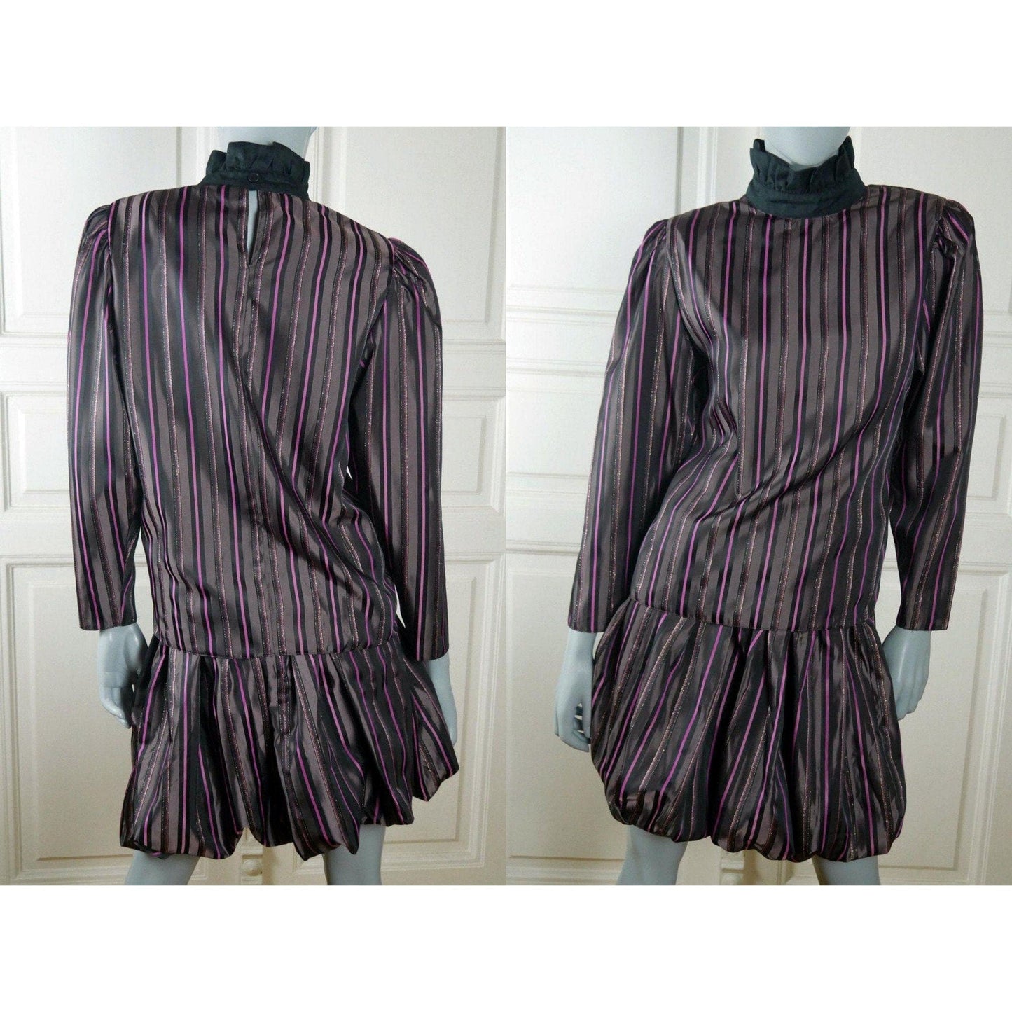80s Vintage Dress Set | Black Purple Pink Striped Tulip Skirt and Blouse Combo Leo Gabor Vintage