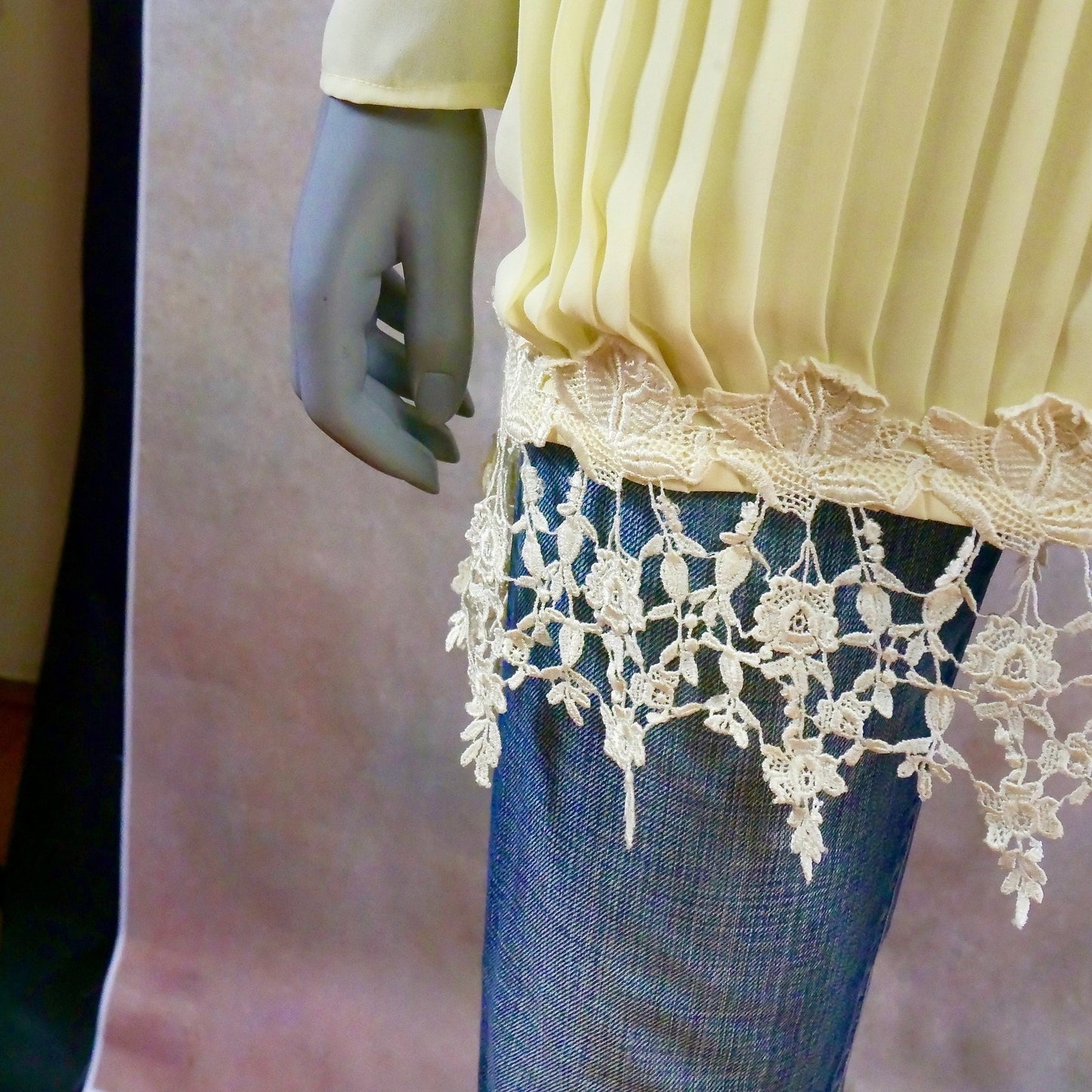 90s Vintage Yellow Blouse | Pleated Top with Lace Accents Leo Gabor Vintage