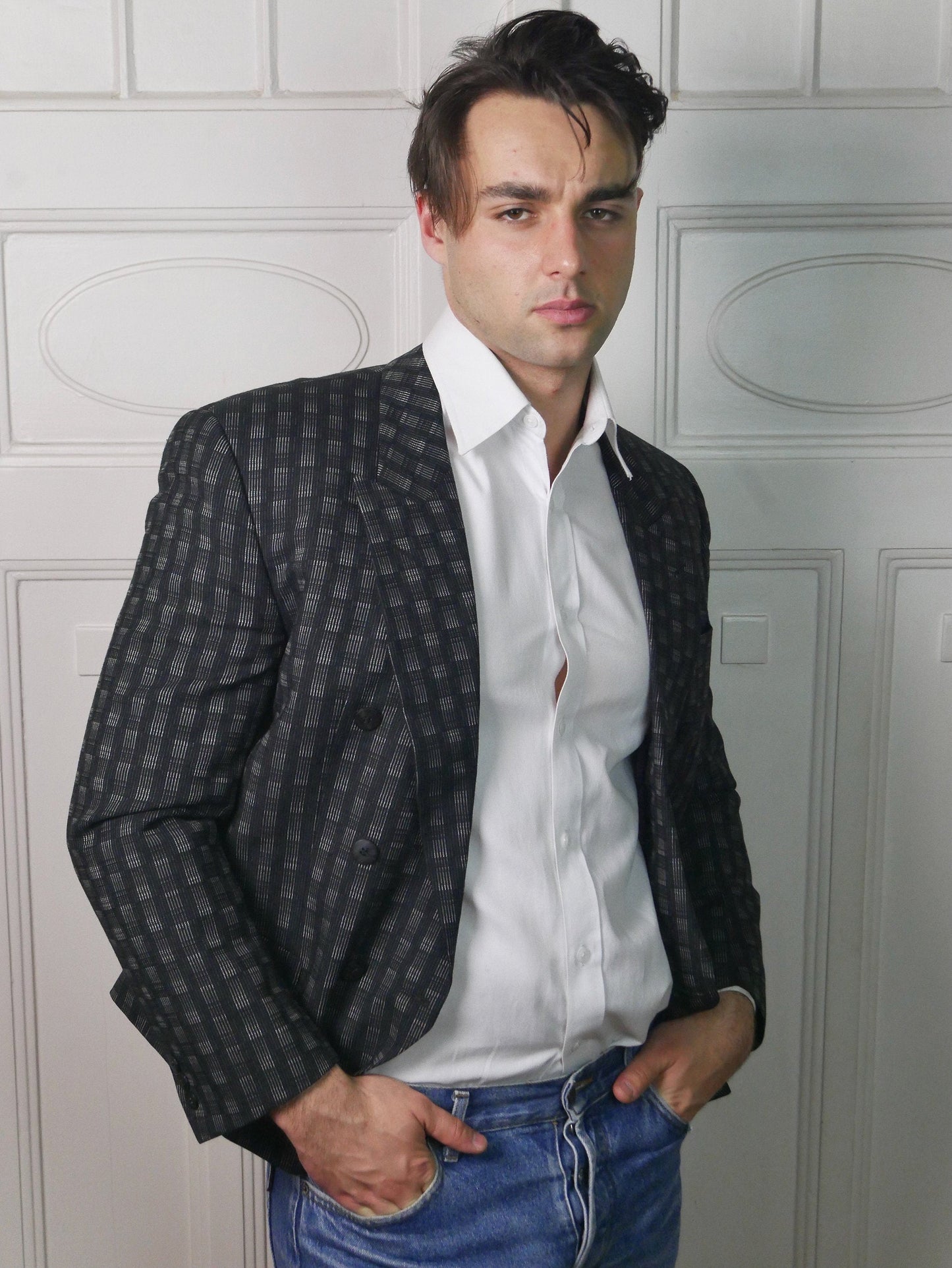 Cropped Blazer | 1980s European Vintage Black & Gray Spencer Jacket | Medium Leo Gabor Vintage
