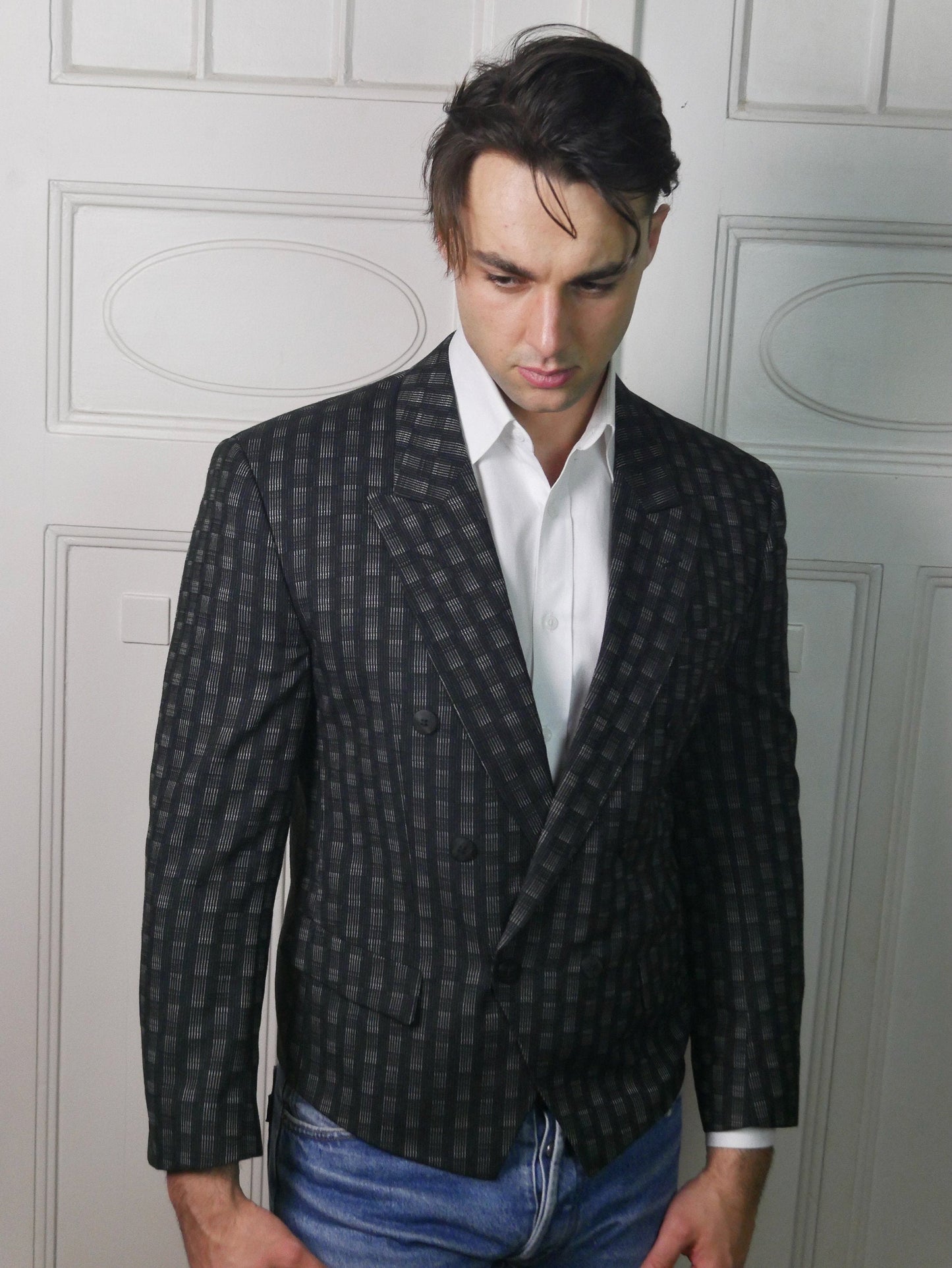 Cropped Blazer | 1980s European Vintage Black & Gray Spencer Jacket | Medium Leo Gabor Vintage