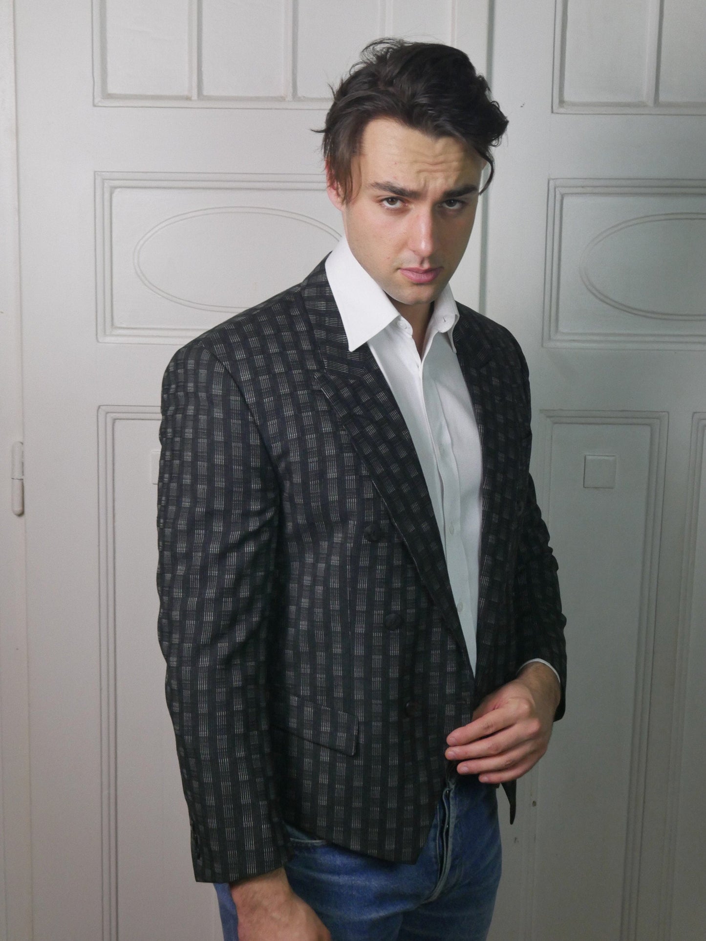 Cropped Blazer | 1980s European Vintage Black & Gray Spencer Jacket | Medium Leo Gabor Vintage