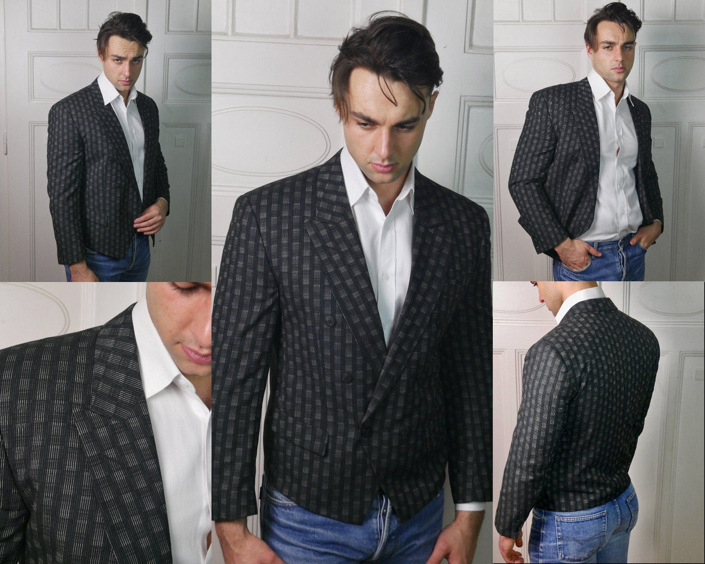 Cropped Blazer | 1980s European Vintage Black & Gray Spencer Jacket | Medium Leo Gabor Vintage