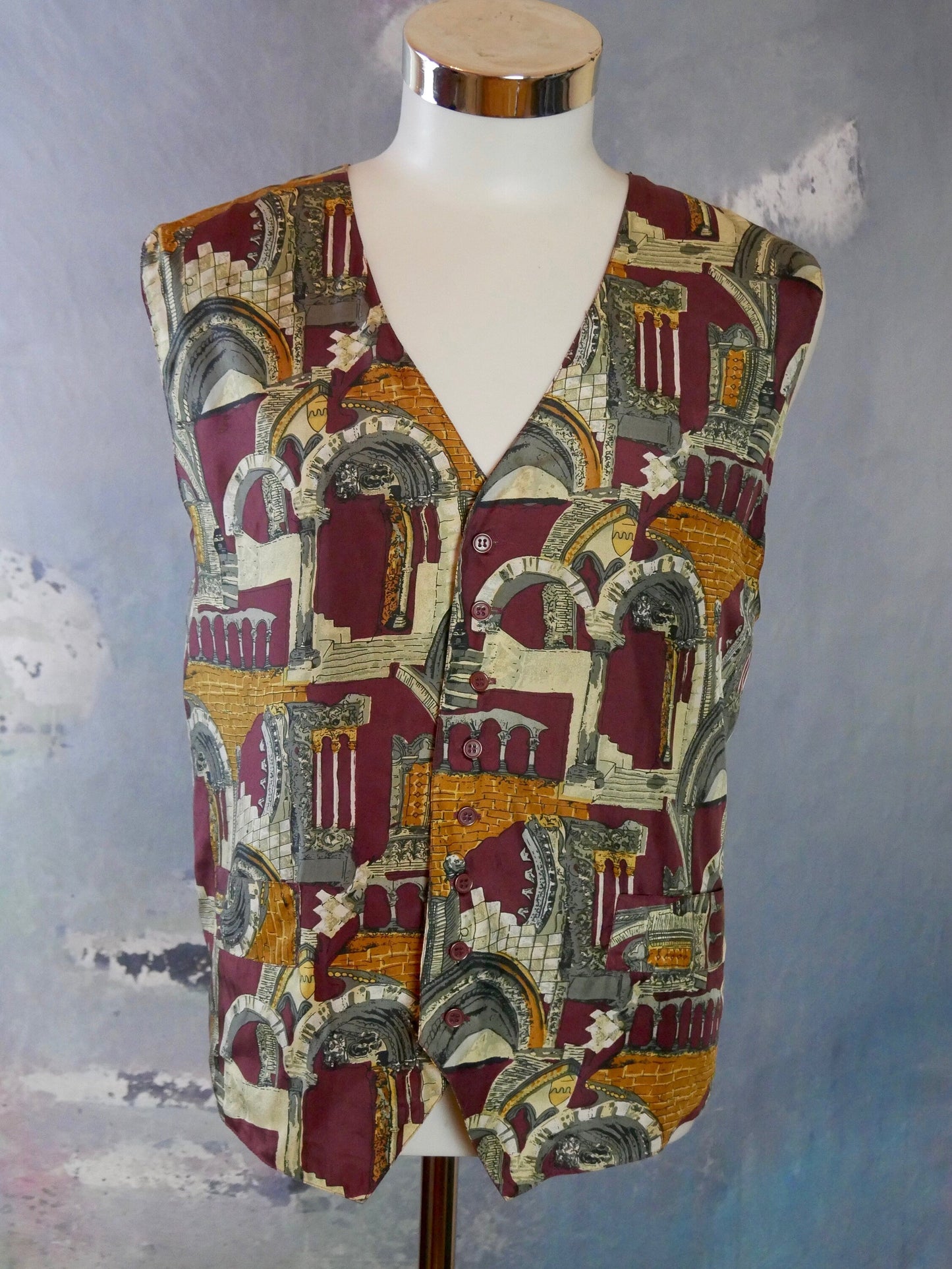 Men's Silk Vest | 1990s Vintage Burgundy Gray Silver and Gold Ancient Ruin Pattern Waistcoat | Extra Large Leo Gabor Vintage