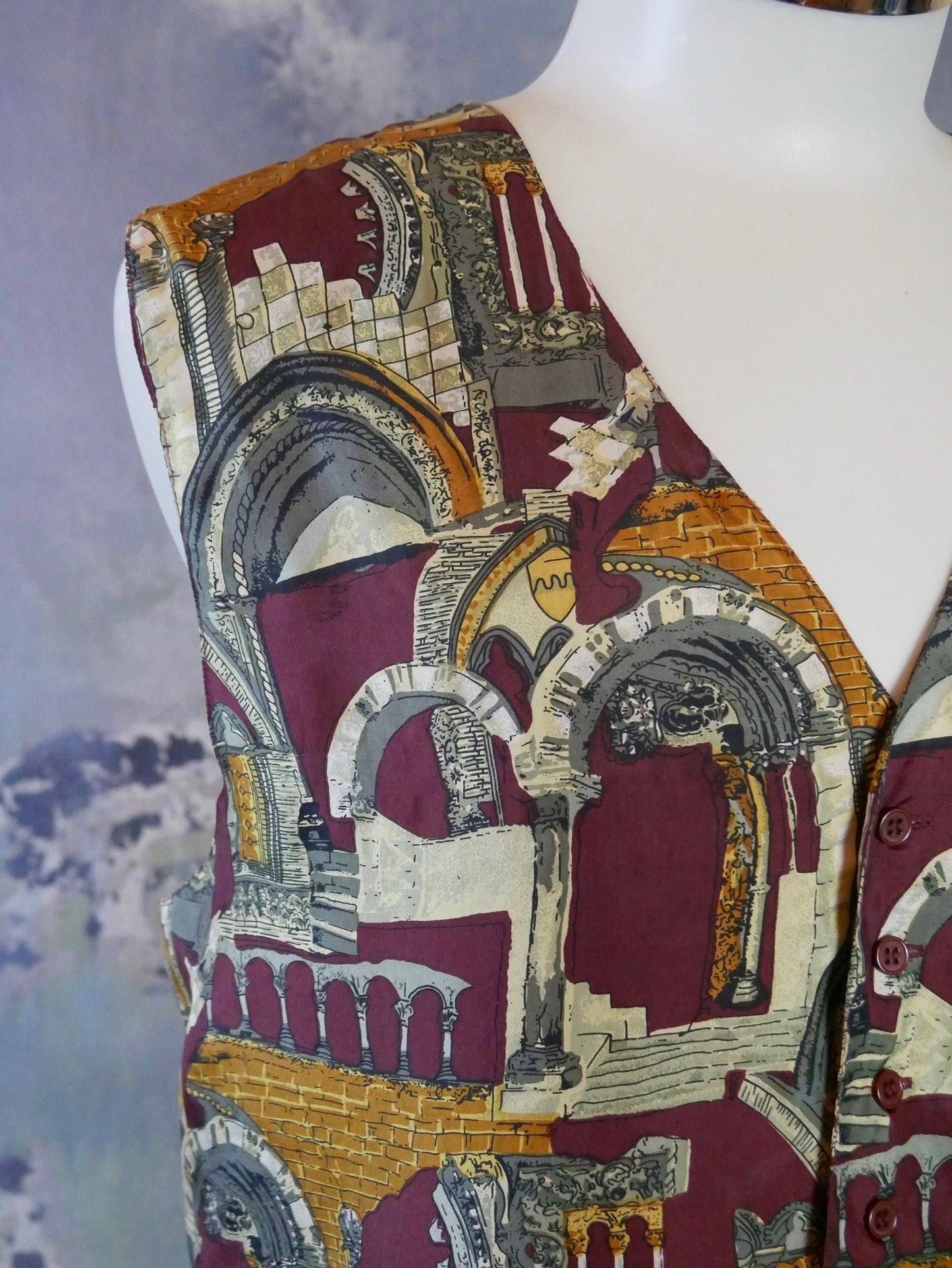 Men's Silk Vest | 1990s Vintage Burgundy Gray Silver and Gold Ancient Ruin Pattern Waistcoat | Extra Large Leo Gabor Vintage