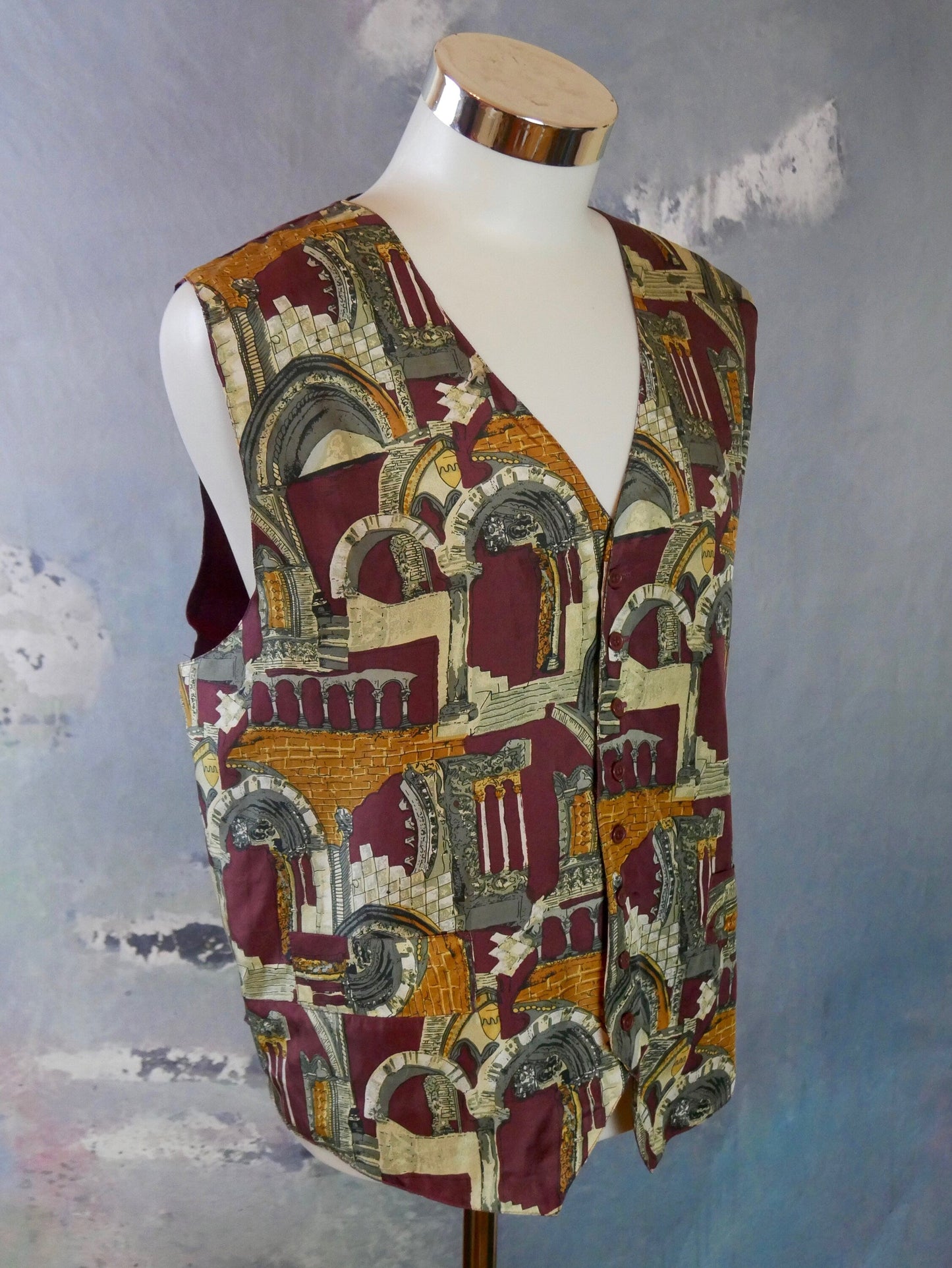 Men's Silk Vest | 1990s Vintage Burgundy Gray Silver and Gold Ancient Ruin Pattern Waistcoat | Extra Large Leo Gabor Vintage