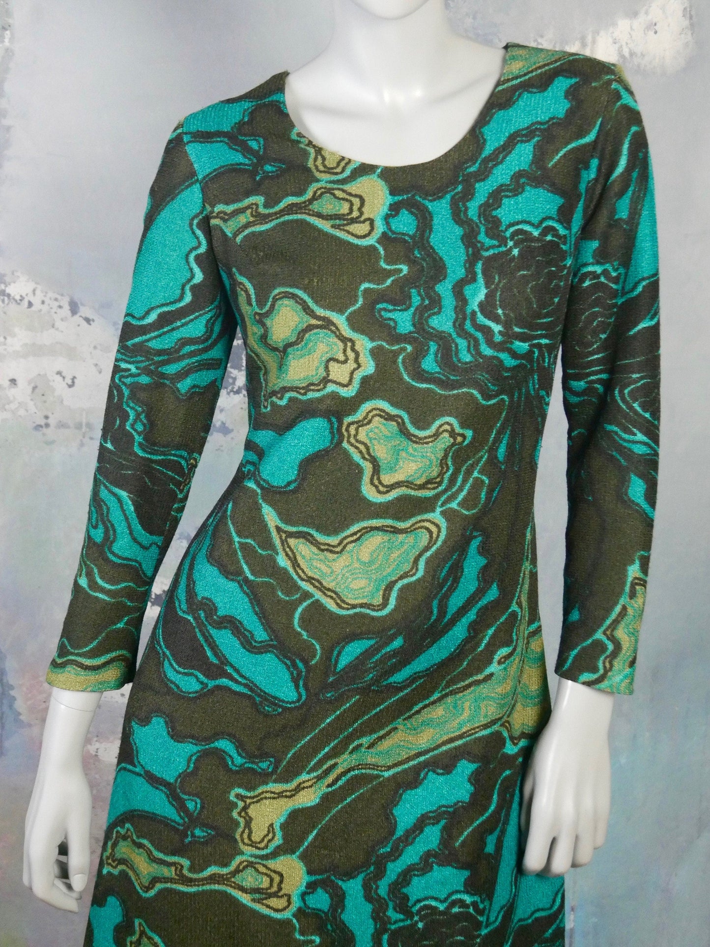 Vintage 60s Psychedelic Long Dress | Turquoise & Black Abstract Pattern Maxi Leo Gabor Vintage