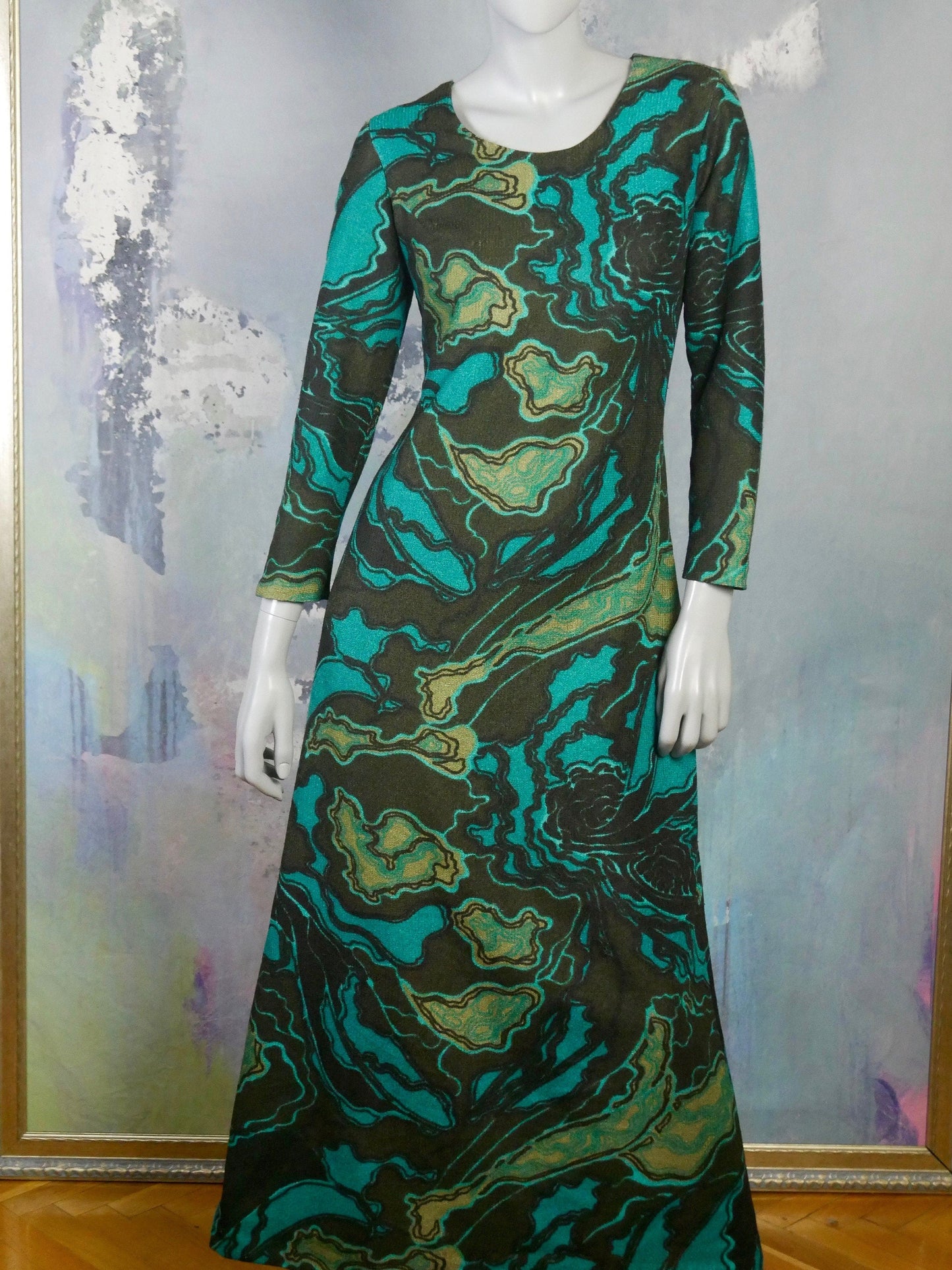 Vintage 60s Psychedelic Long Dress | Turquoise & Black Abstract Pattern Maxi Leo Gabor Vintage