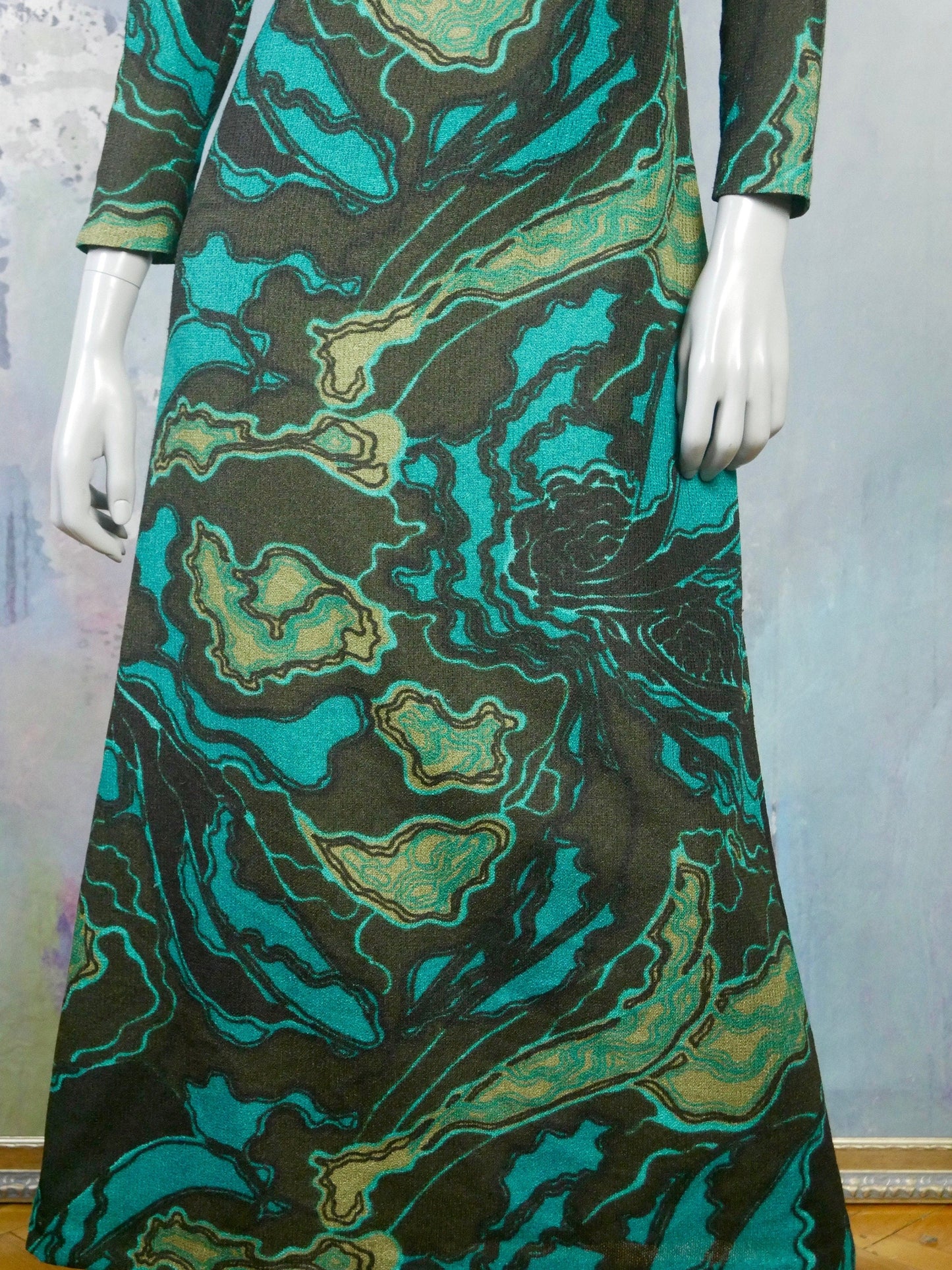 Vintage 60s Psychedelic Long Dress | Turquoise & Black Abstract Pattern Maxi Leo Gabor Vintage
