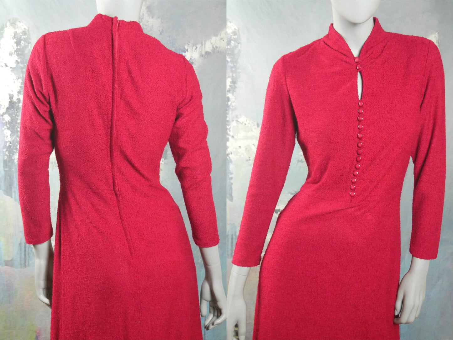 Vintage 70s Red Dress | Finnish Knee-Length Boucle Fabric Leo Gabor Vintage