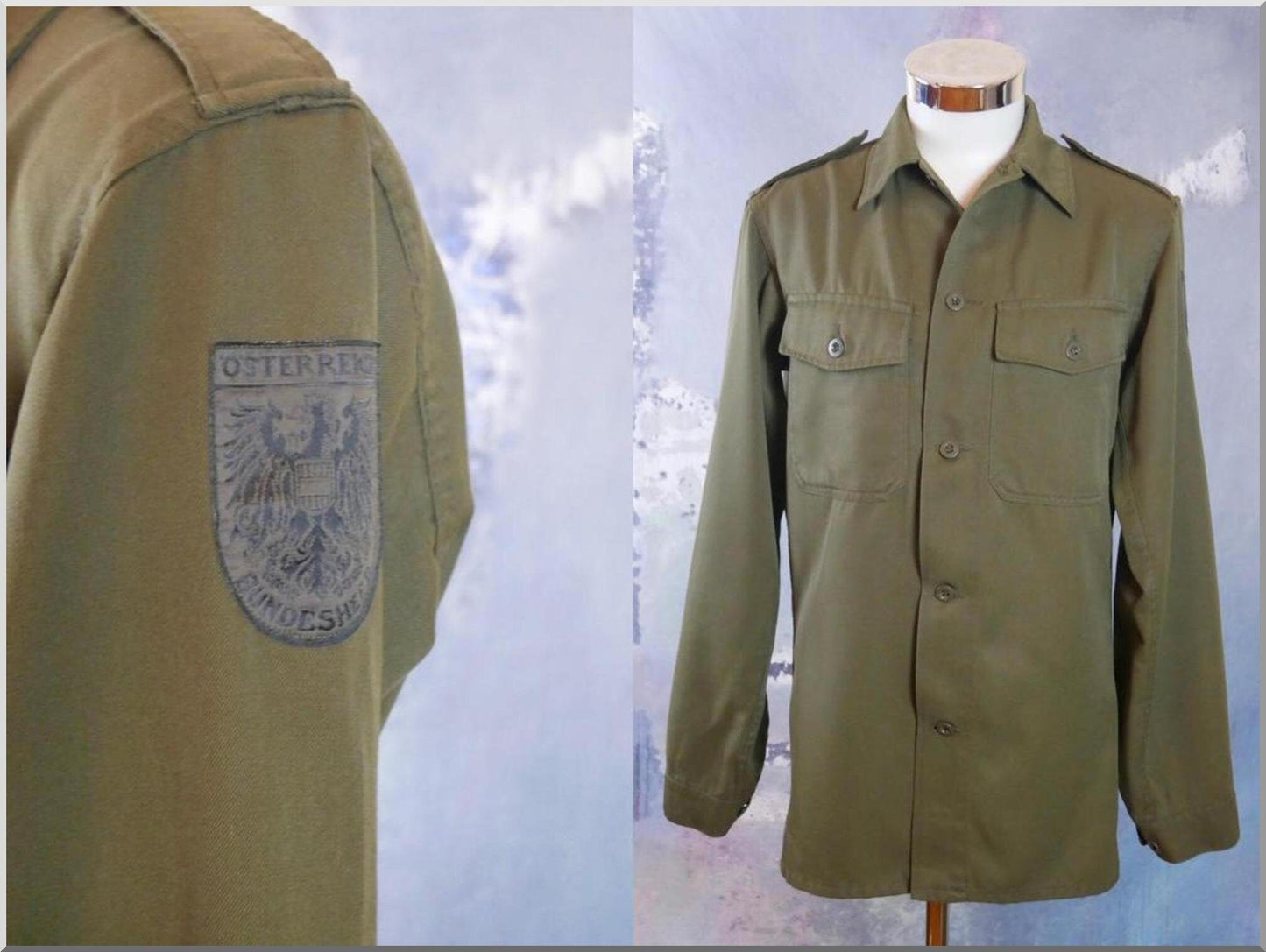 Vintage Austrian Army Shirt | Long-Sleeve Olive Drab with Epaulets | Medium to Large Leo Gabor Vintage