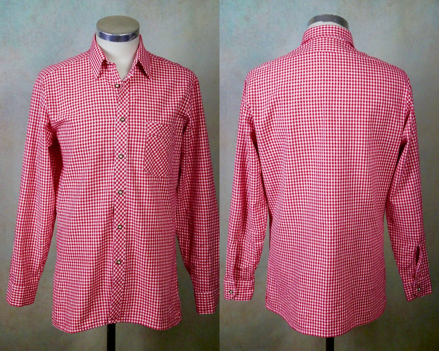 Vintage Gingham Check Shirt | 90s Red and White Tablecloth Check Cotton | Medium Leo Gabor Vintage