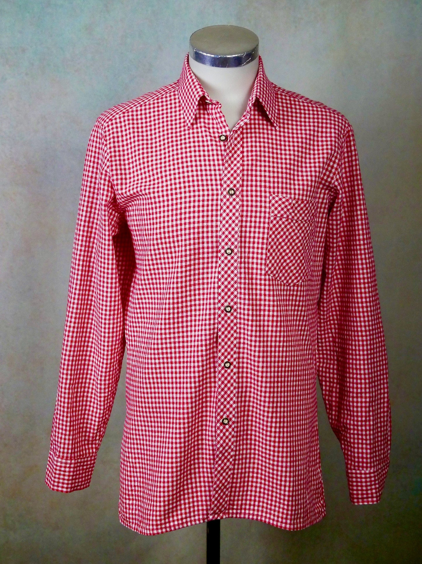 Vintage Gingham Check Shirt | 90s Red and White Tablecloth Check Cotton | Medium Leo Gabor Vintage