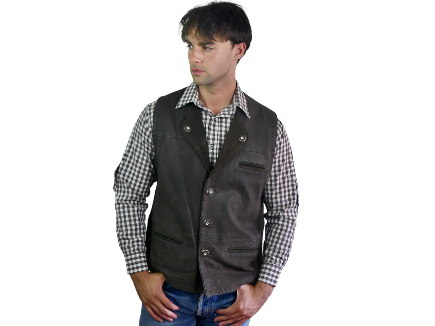 Vintage Leather Vest | Men's Trachten Style Brown Waistcoat | Extra Large Leo Gabor Vintage