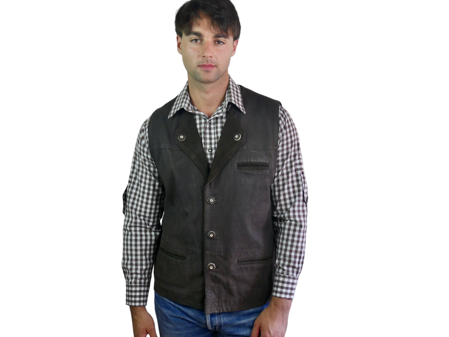 Vintage Leather Vest | Men's Trachten Style Brown Waistcoat | Extra Large Leo Gabor Vintage