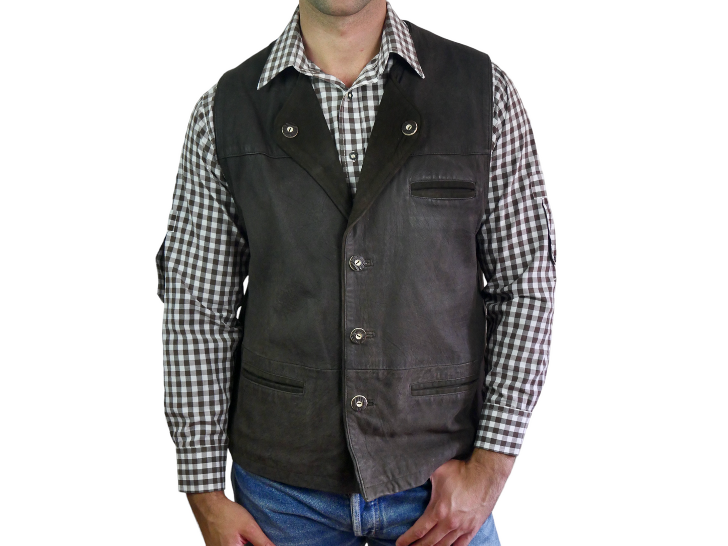 Vintage Leather Vest | Men's Trachten Style Brown Waistcoat | Extra Large Leo Gabor Vintage