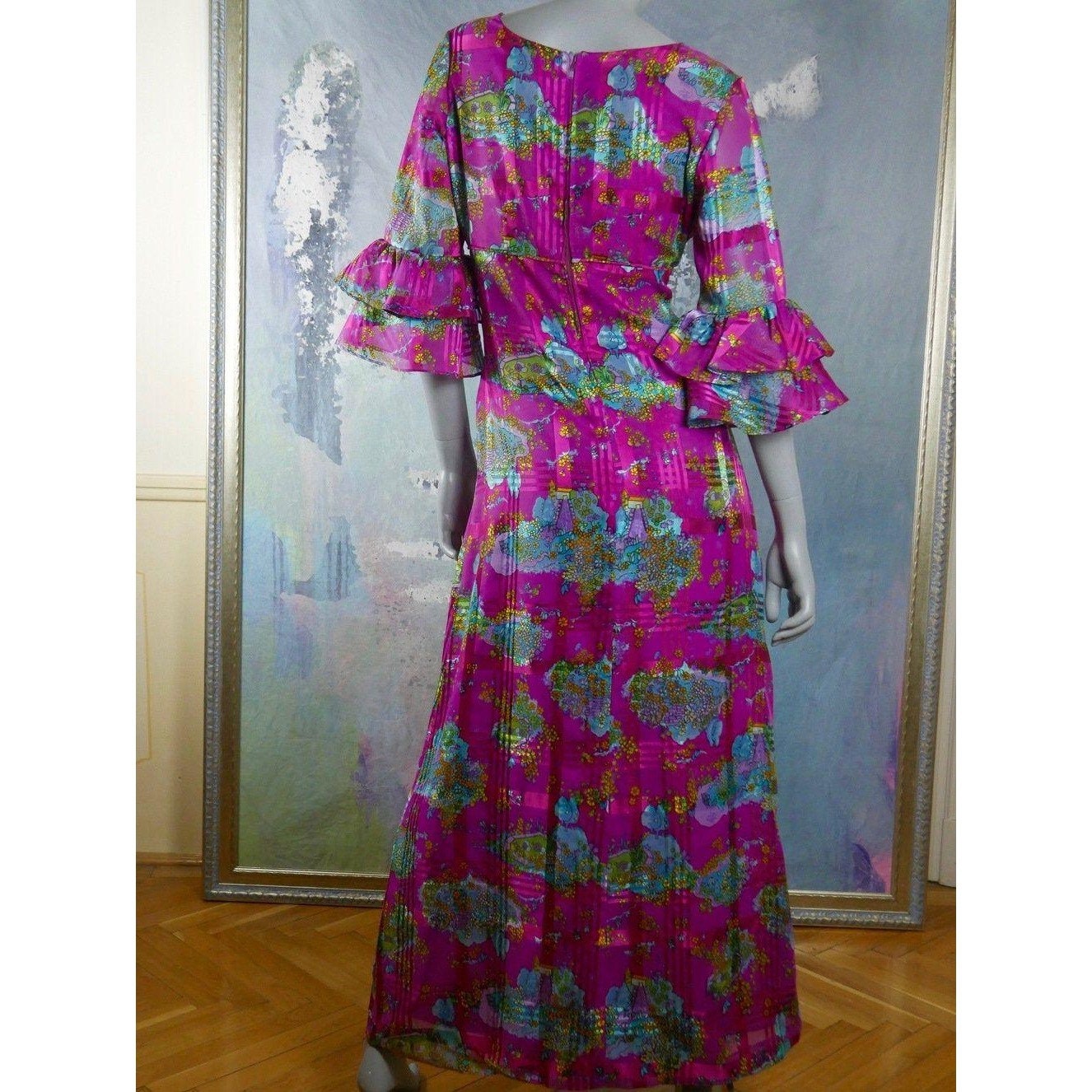 Vintage Long Dress, 1970s European Dark Lilac Floral Maxi Leo Gabor Vintage