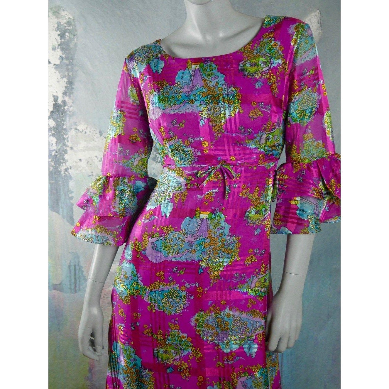 Vintage Long Dress, 1970s European Dark Lilac Floral Maxi Leo Gabor Vintage