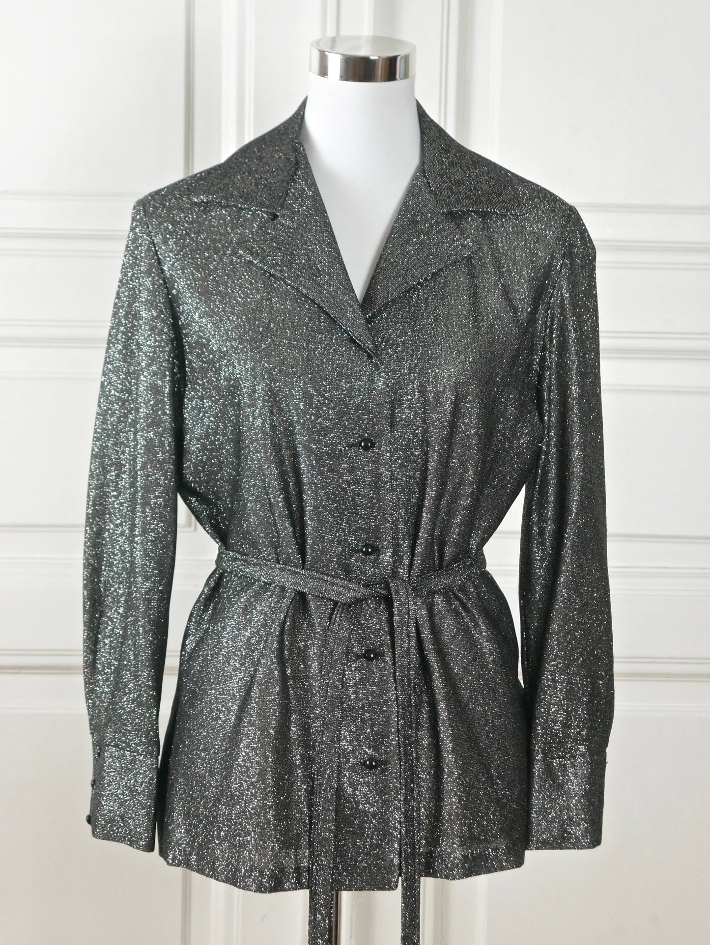 1970s Metallic Silver Blouse | Swedish Vintage Belted Evening Top | Large