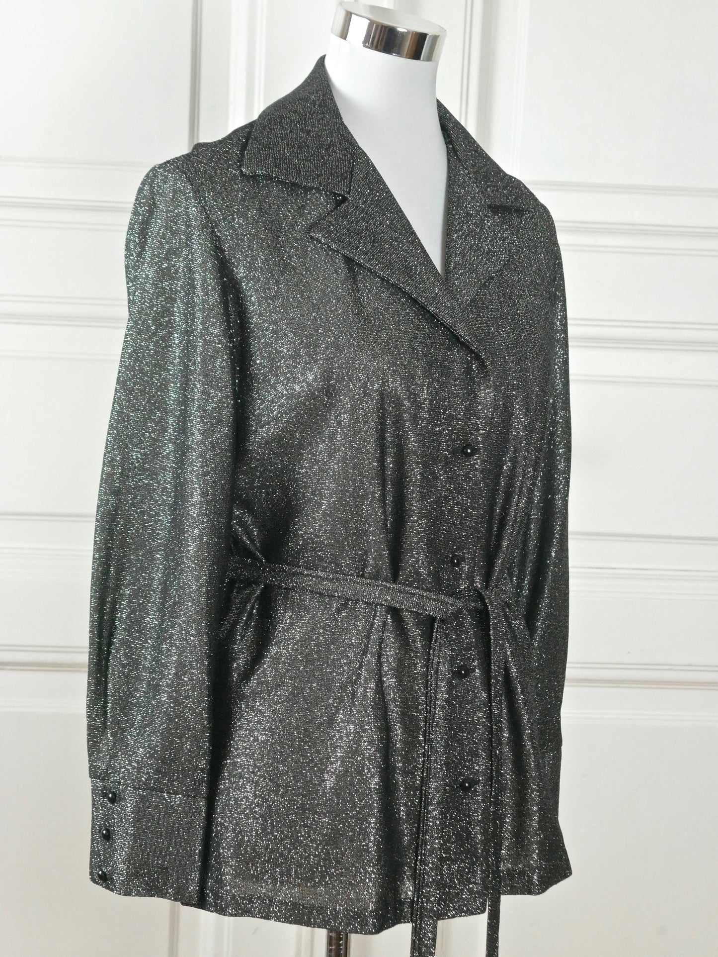 1970s Metallic Silver Blouse | Swedish Vintage Belted Evening Top | Large