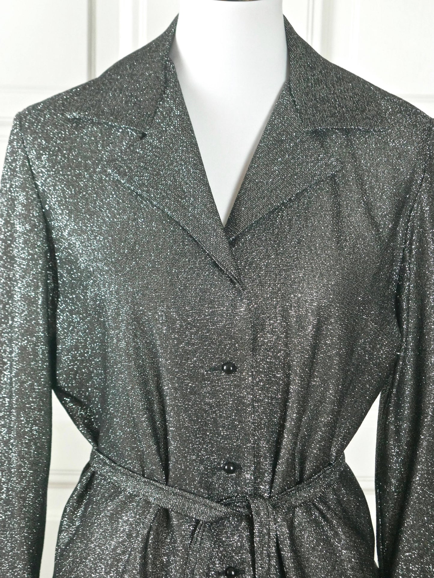 1970s Metallic Silver Blouse | Swedish Vintage Belted Evening Top | Large